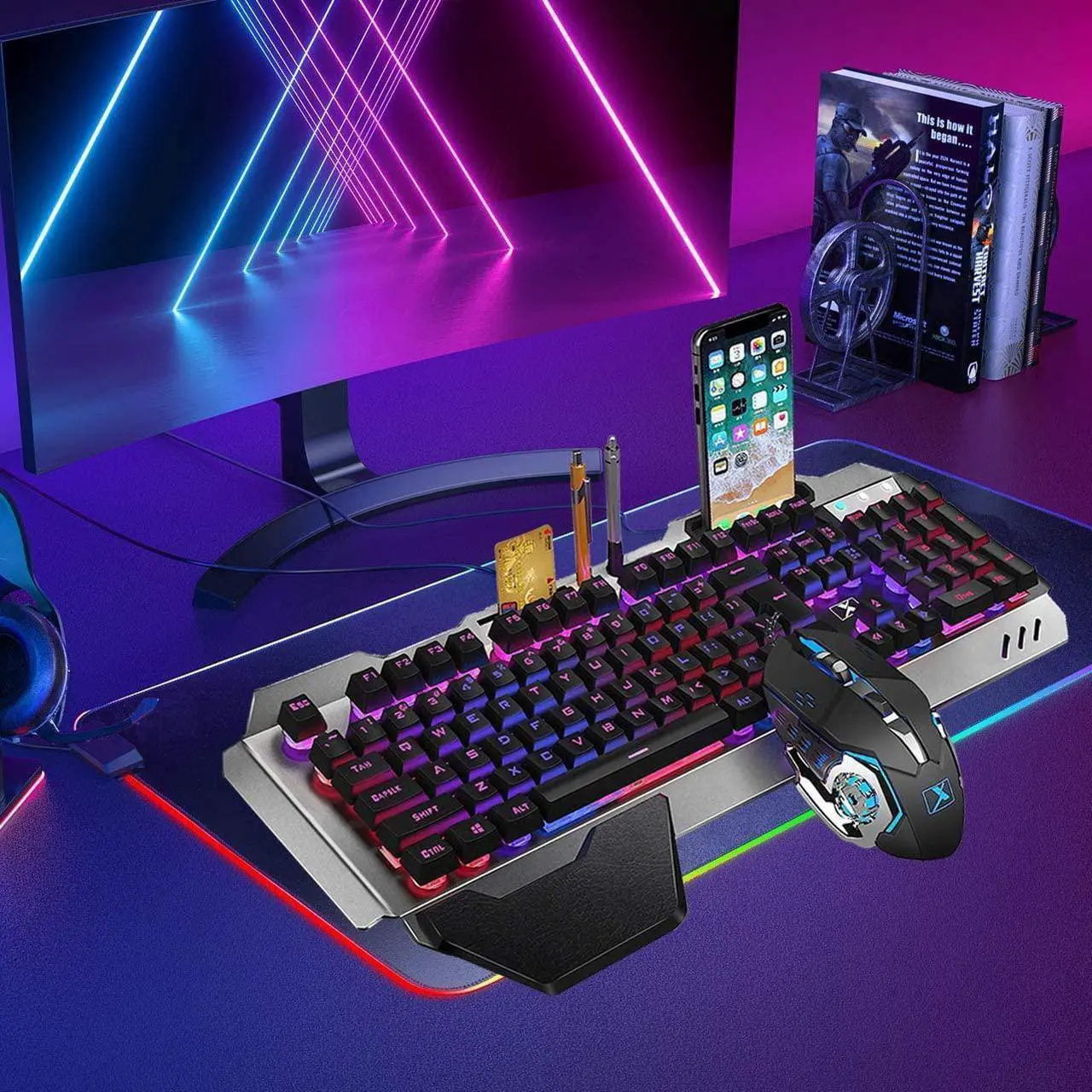 Alt view image 2 of 7 - FELiCON Wired Game Keyboard and Mouse Combo, RGB LED Backlit Mechanical Feel Keyboard with Hand Rest Phone Holder,and 6 Button 3200 DPI Mice and Large RGB Mouse Pad for Computer Gamer Office