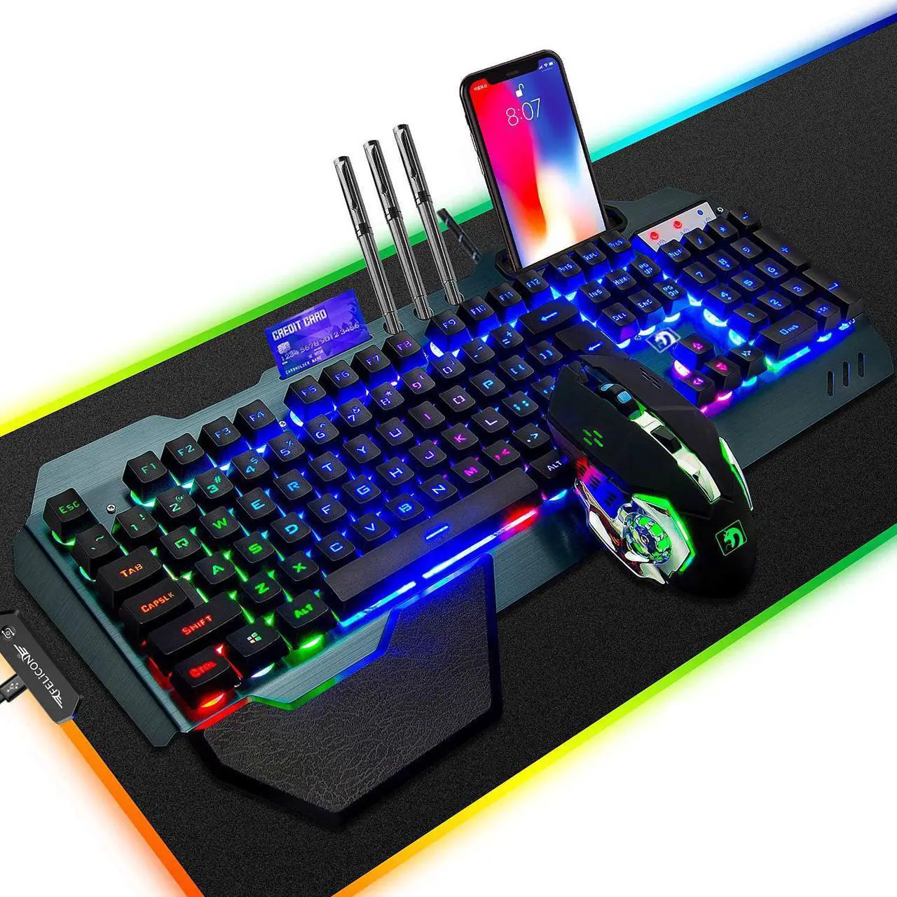 Main image of FELiCON Wired Game Keyboard and Mouse Combo, RGB LED Backlit Mechanical Feel Keyboard with Hand Rest Phone Holder,and 6 Button 3200 DPI Mice and Large RGB Mouse Pad for Computer Gamer Office