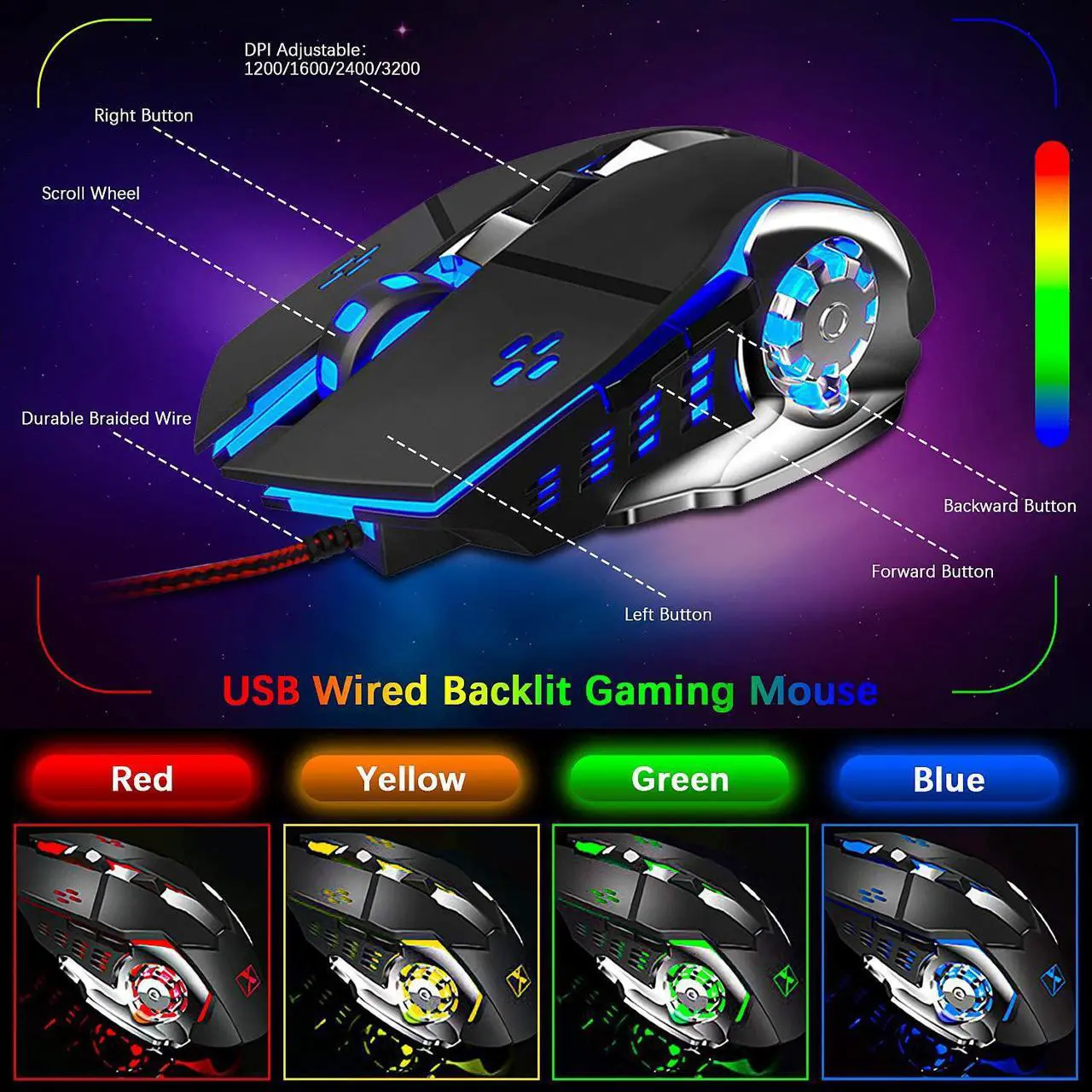 Alt view image 4 of 7 - FELiCON Wired Game Keyboard and Mouse Combo, RGB LED Backlit Mechanical Feel Keyboard with Hand Rest Phone Holder,and 6 Button 3200 DPI Mice and Large RGB Mouse Pad for Computer Gamer Office