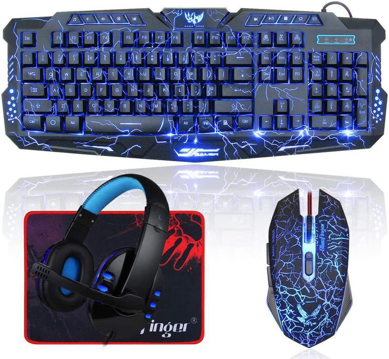 Backlit Gaming Keyboard and Mouse and LED Headset Combo,USB Wired 3 Color Crack Backlit Keyboard,Blue LED Light Gaming Headset,Gaming Keyboard Mouse Headphone Set for Work and Game