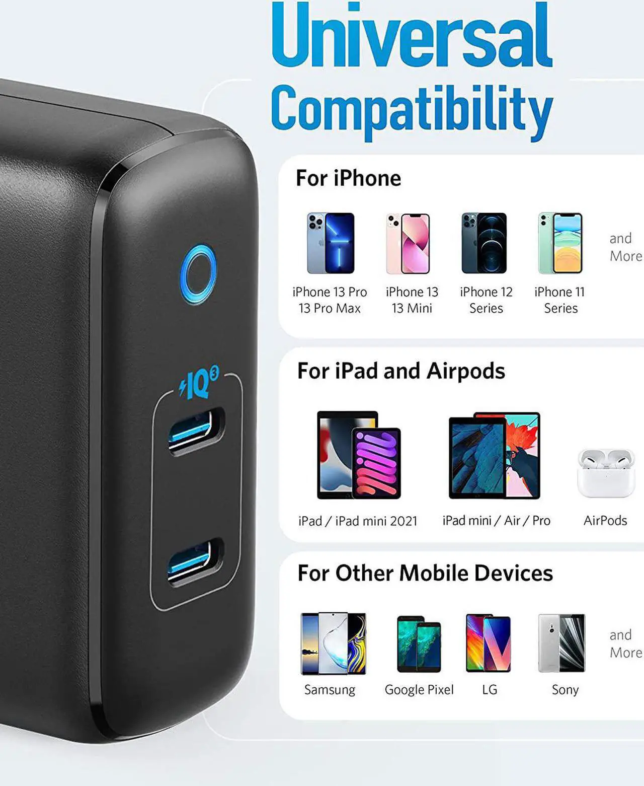 Alt view image 4 of 7 - iPhone Charger USB-C, Anker 40W 2-Port PIQ 3.0, PowerPort III Duo Type C Foldable Fast Charger, Power Delivery for iPhone 13/13 Mini/13 Pro/13 Pro Max/12/11, Galaxy, Pixel, iPad/iPad Mini, and More