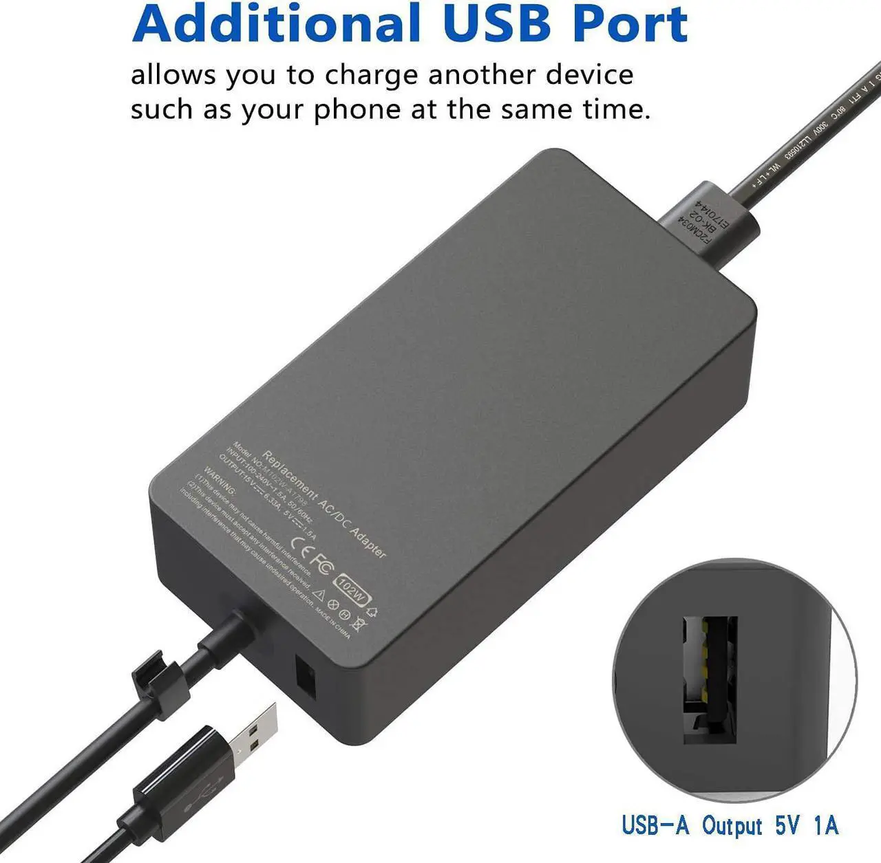 Alt view image 3 of 7 - zzz Surface Book Charger 102W 6.33A Power Supply fit for 2 3 Laptop 1/2/3 Go/Go Pro 4 5 6 7 X,with Additional USB Port Cord, AD065G2Uz