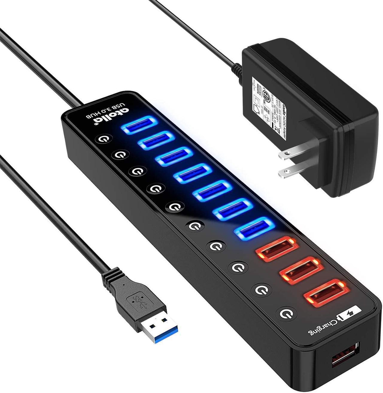 USB Hub, atolla Powered USB 3.0 Hub, 11-Port USB Splitter7 USB 3.0 Data Ports+4 USB 3.0 Smart Charging Ports with Individual On/Off Switches and 12V/4A Power Adapter for High Power USB Devices