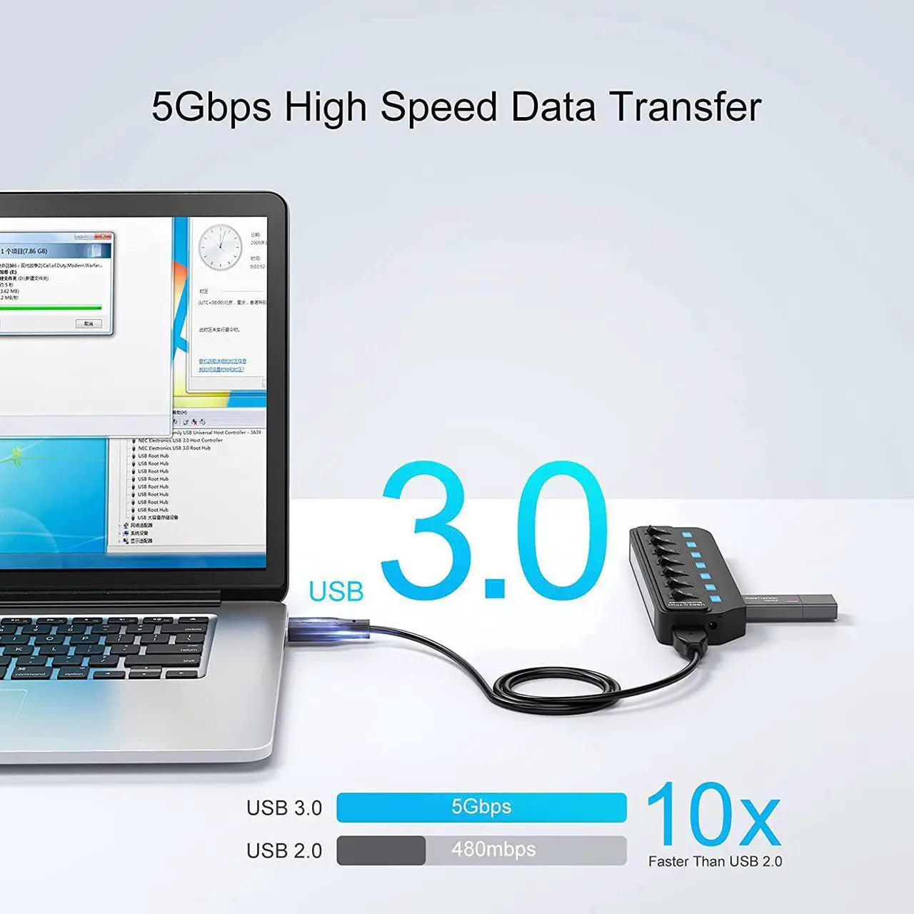 Alt view image 2 of 7 - USB Hub 3.0 7 Port USB Hub Splitter with Individual On/Off LED Switches 5Gbps HighSpeed Data USB Extension for Laptop iMac USB Flash Drives Mobile HDD Printer Camera and More
