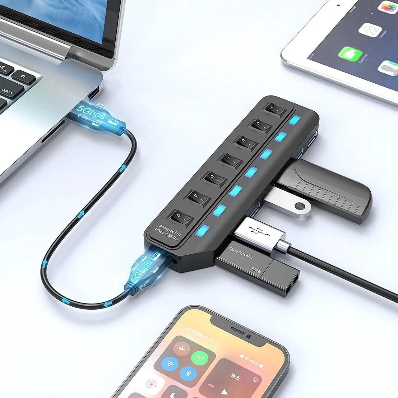 Alt view image 5 of 7 - USB Hub 3.0 7 Port USB Hub Splitter with Individual On/Off LED Switches 5Gbps HighSpeed Data USB Extension for Laptop iMac USB Flash Drives Mobile HDD Printer Camera and More
