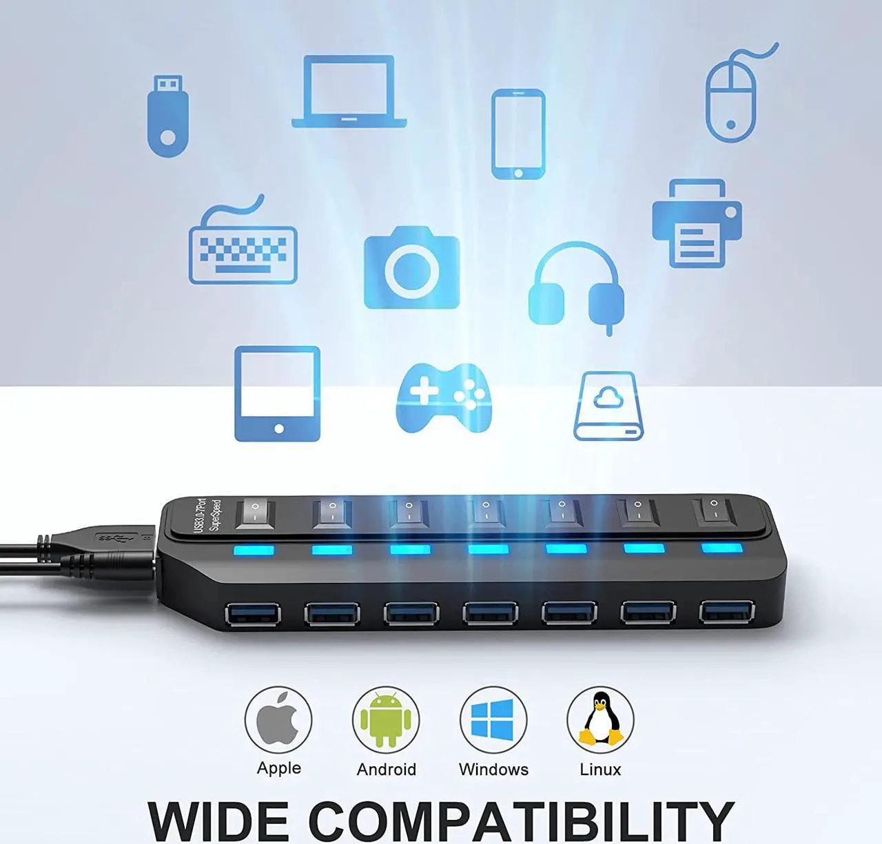 Alt view image 7 of 7 - USB Hub 3.0 7 Port USB Hub Splitter with Individual On/Off LED Switches 5Gbps HighSpeed Data USB Extension for Laptop iMac USB Flash Drives Mobile HDD Printer Camera and More