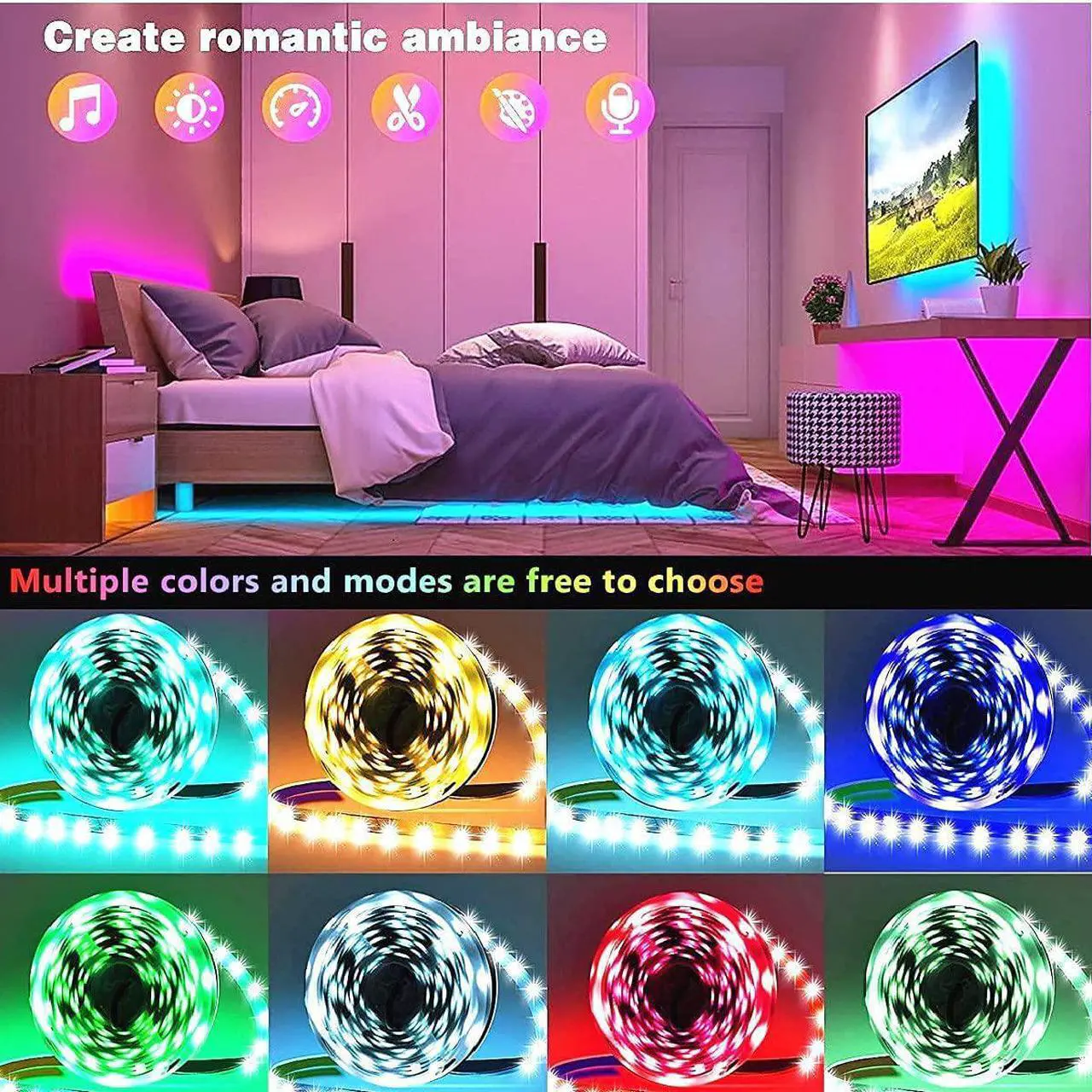 Alt view image 5 of 7 - Led Lights for Bedroom 100ft (2 Rolls of 50ft) Music Sync Color Changing Strip Lights with Remote and App Control RGB Strip for Room Home Party Decoration