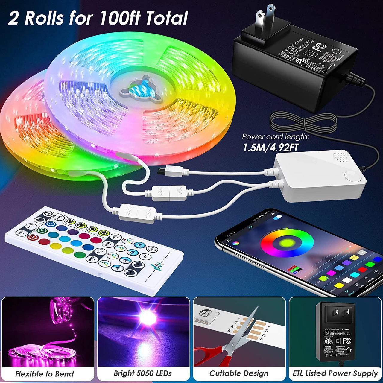 Alt view image 7 of 7 - 100ft LED Strip Lights, Maylit Ultra Long Music Sync Timing LED Lights for Bedroom, Kitchen, Bar, Ceiling, Dorm Room Decor with APP and Remote Control, RGB Color Changing LED Light Strips