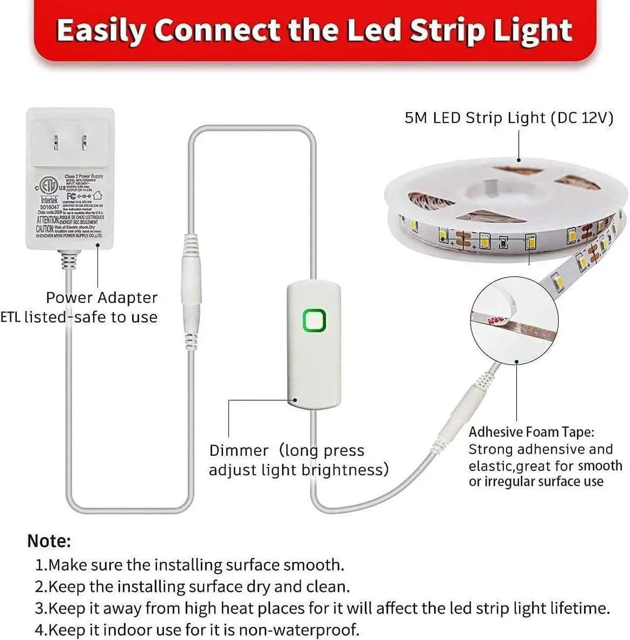 Alt view image 5 of 6 - White LED Strip Lights 16.4ft Dimmable LED Light Strip 12v Flexible LED Rope Lights Kits for Kitchen Cabinet Mirror Bedroom Party Decor