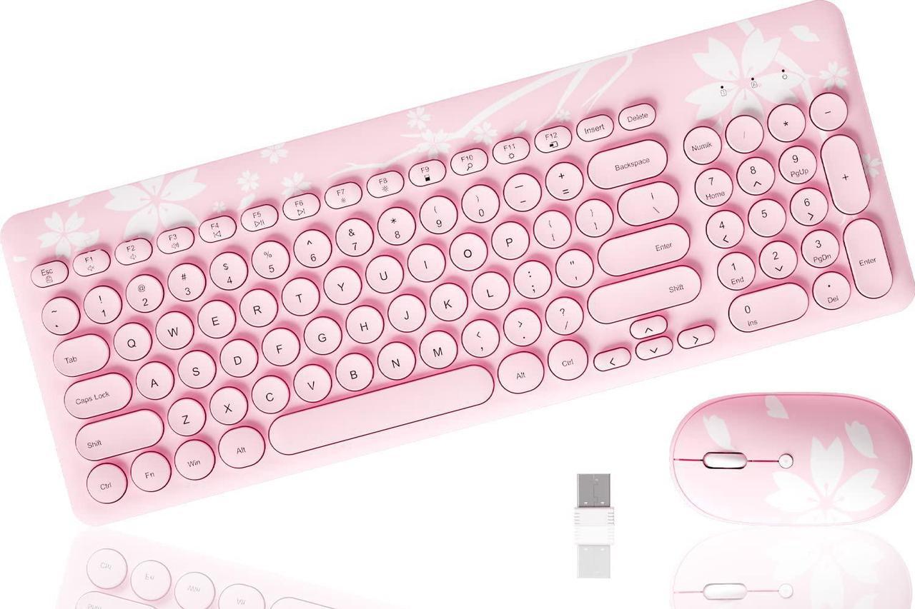 Cute Pink Wireless Keyboard Mouse Set, Kawaii Wireless Mouse Keyboard Combo, 2.4GHz Signal, Silent Office Full-Sized Keyboard, for Mac, PC, with Type-C and USB-A Receiver