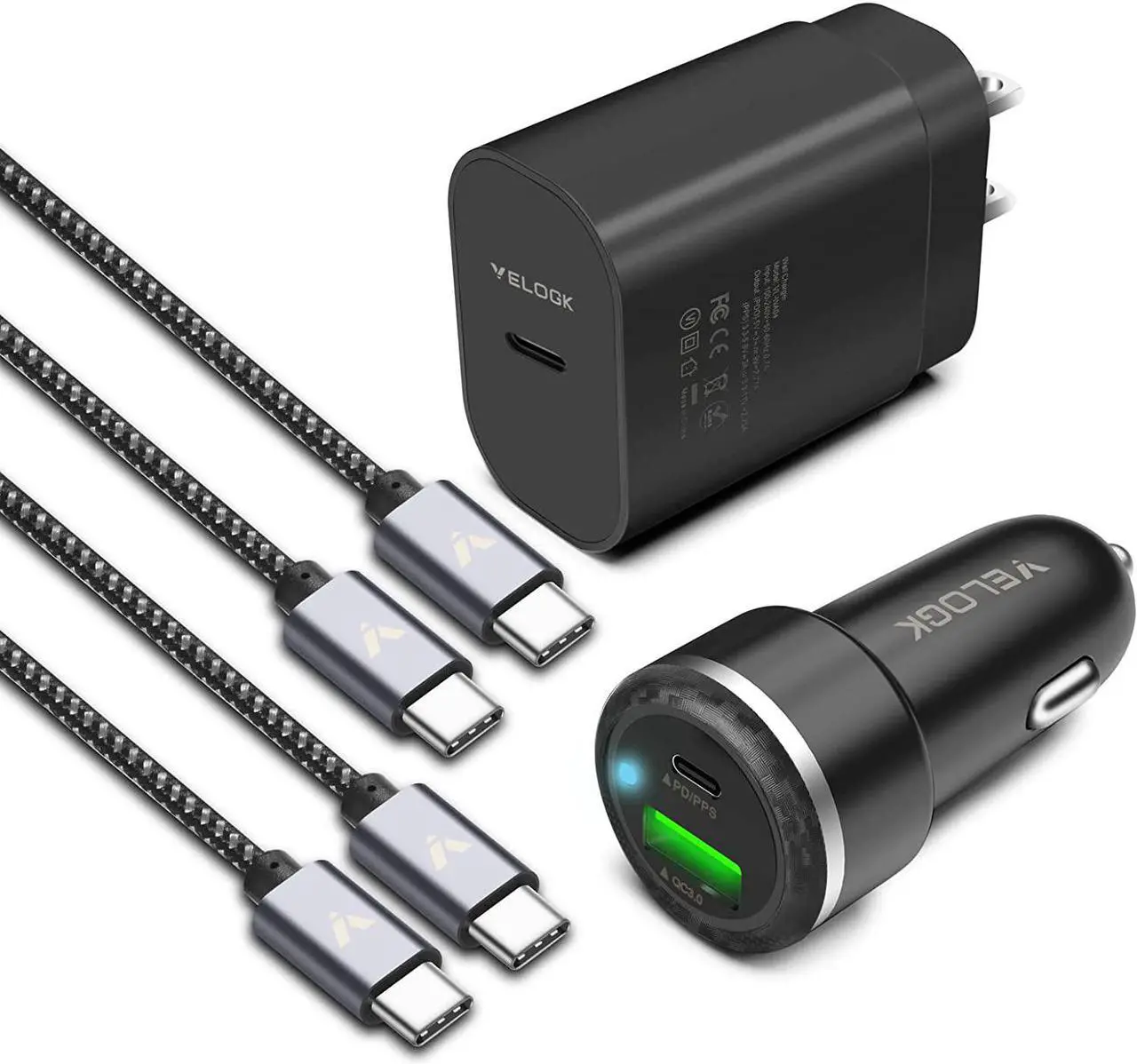 Main image of Super Fast Charger Type C Kit, VELOGK 25W PD PPS USB C Wall/Car Charger for Samsung Galaxy S25/S24/S23 Ultra/S23+/S23/S22/S21/S20/Plus/Note 20/A71, iPad Pro, with 2X Nylon USB C-to-C Cable(3.3ft)