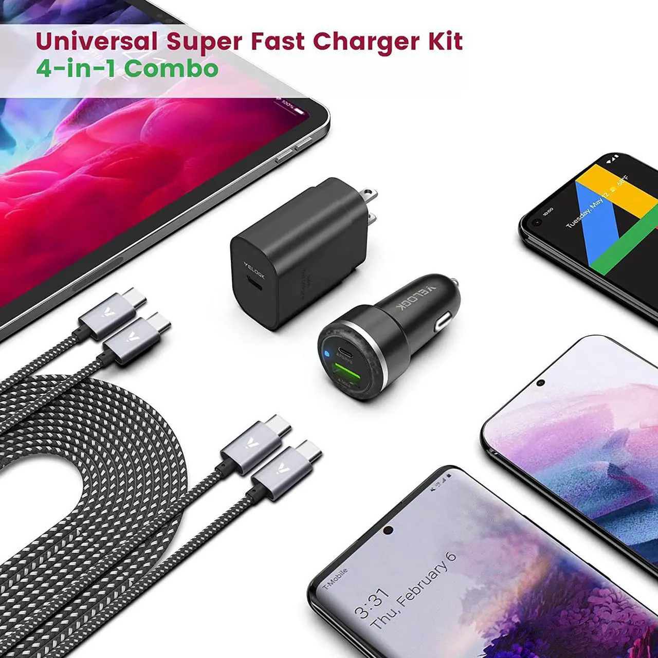 Alt view image 7 of 7 - Super Fast Charger Type C Kit, VELOGK 25W PD PPS USB C Wall/Car Charger for Samsung Galaxy S25/S24/S23 Ultra/S23+/S23/S22/S21/S20/Plus/Note 20/A71, iPad Pro, with 2X Nylon USB C-to-C Cable(3.3ft)