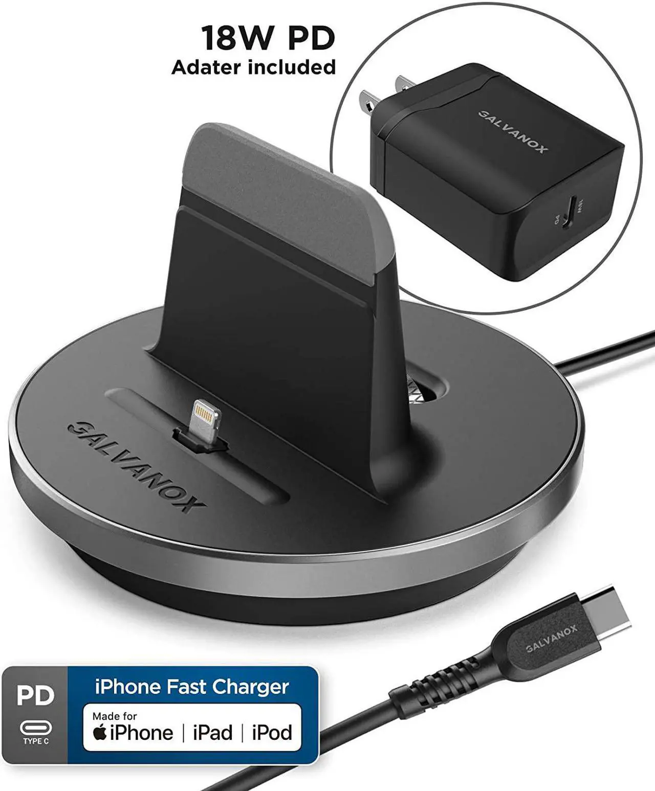 Alt view image 2 of 7 - Fast Charging Power Stand for iPhone and iPad Models - MFi Certified Lightning Dock with USB-C Wall Adapter (for All iPhone 12/13 /14 Models)