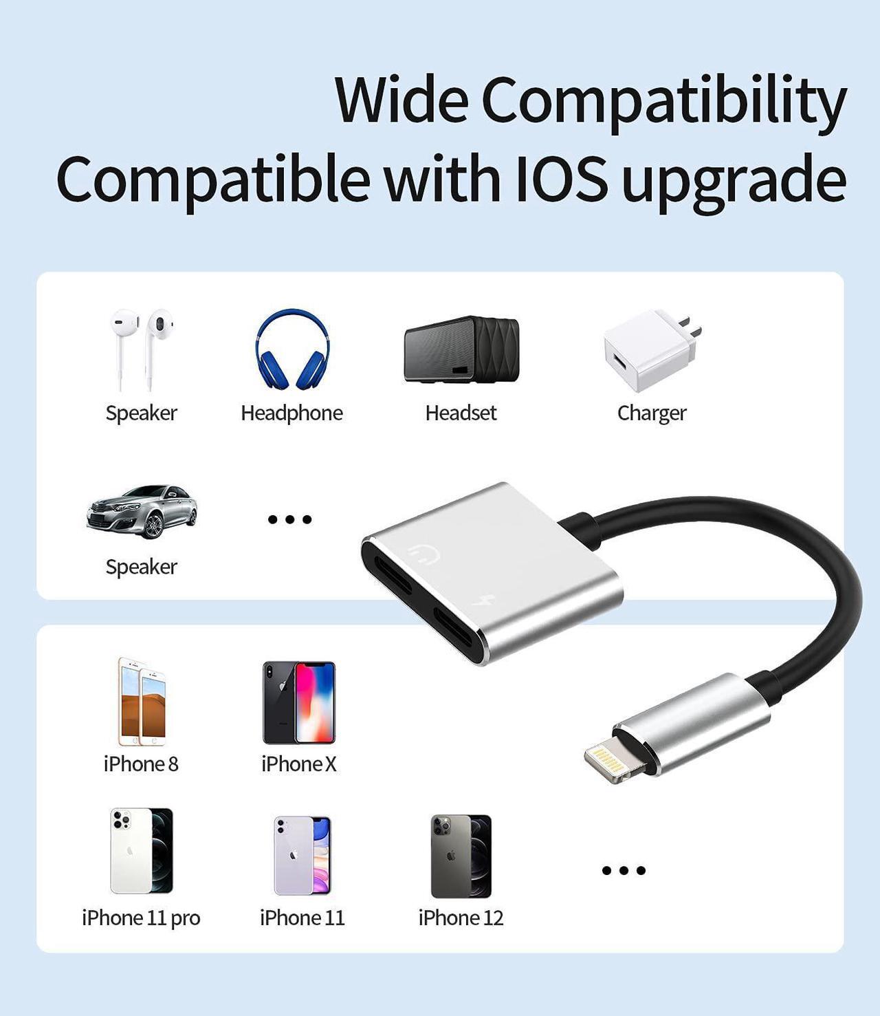 Alt view image 4 of 4 - Earphone Connector Compatible with iPhone Headphone Adapter Compatible for Lightning Double to Audio Jack and Charger Dongle Headset Charging Splitter 11 12 pro 7 8plus xs xr x for ipad air for Apple