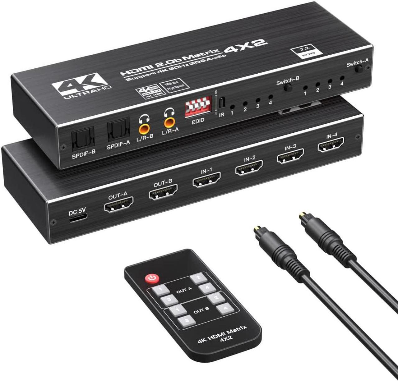 4K HDMI Matrix Switch, Video Switcher Splitter 4 in 2 Out, Ultra HD 4K@60Hz, 3D, 18.5Gbps x 3 Data Rate, Optical and LR Audio Output, IR Remote, HDMI 2.0b, HDCP 2.2