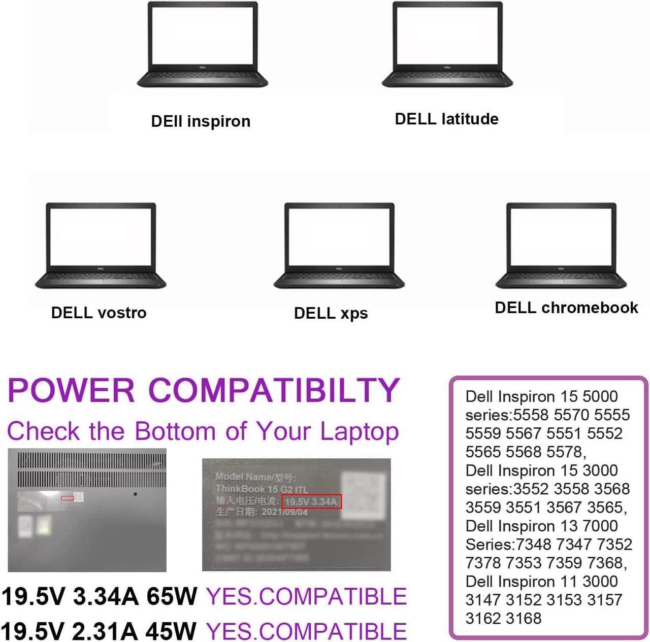 Alt view image 5 of 7 - 65W 45W Laptop Charger AC Power Adapter for Dell Inspiron 11 13 14 17 15 3000 5000 7000 Series 3147 5755 5570 5559 5555 7348 2in1 Dell Latitude 3510 3410 3400 3500 ANTWELON Power Supply Cord 4.5mm tip