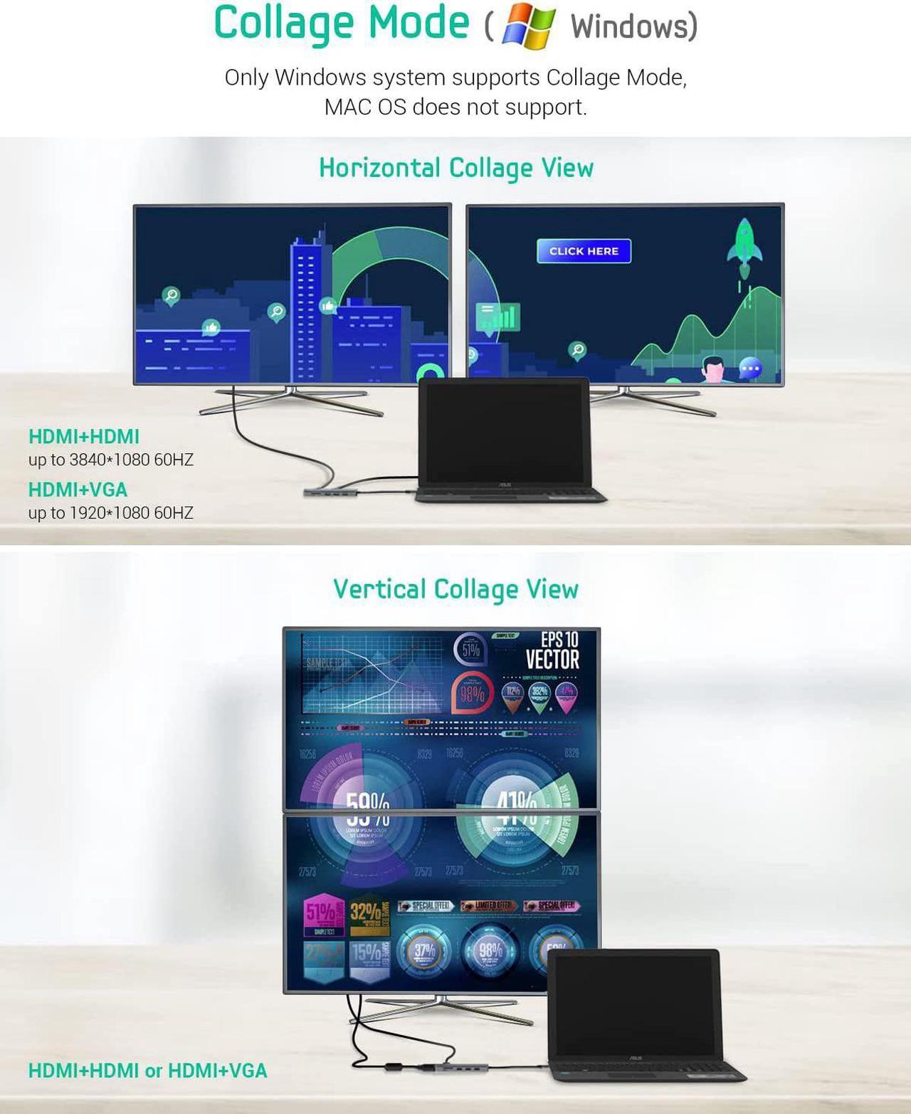 Alt view image 2 of 7 - TOTU Docking Station, USB C Hub, 9 in 1 Triple Display Docking Station with Collage Display Mode, Dual 4K HDMI, VGA, 100W PD, 3 USB 3.0 and TF/SD Card Reader for MacBook Pro Air and Type-C Laptops