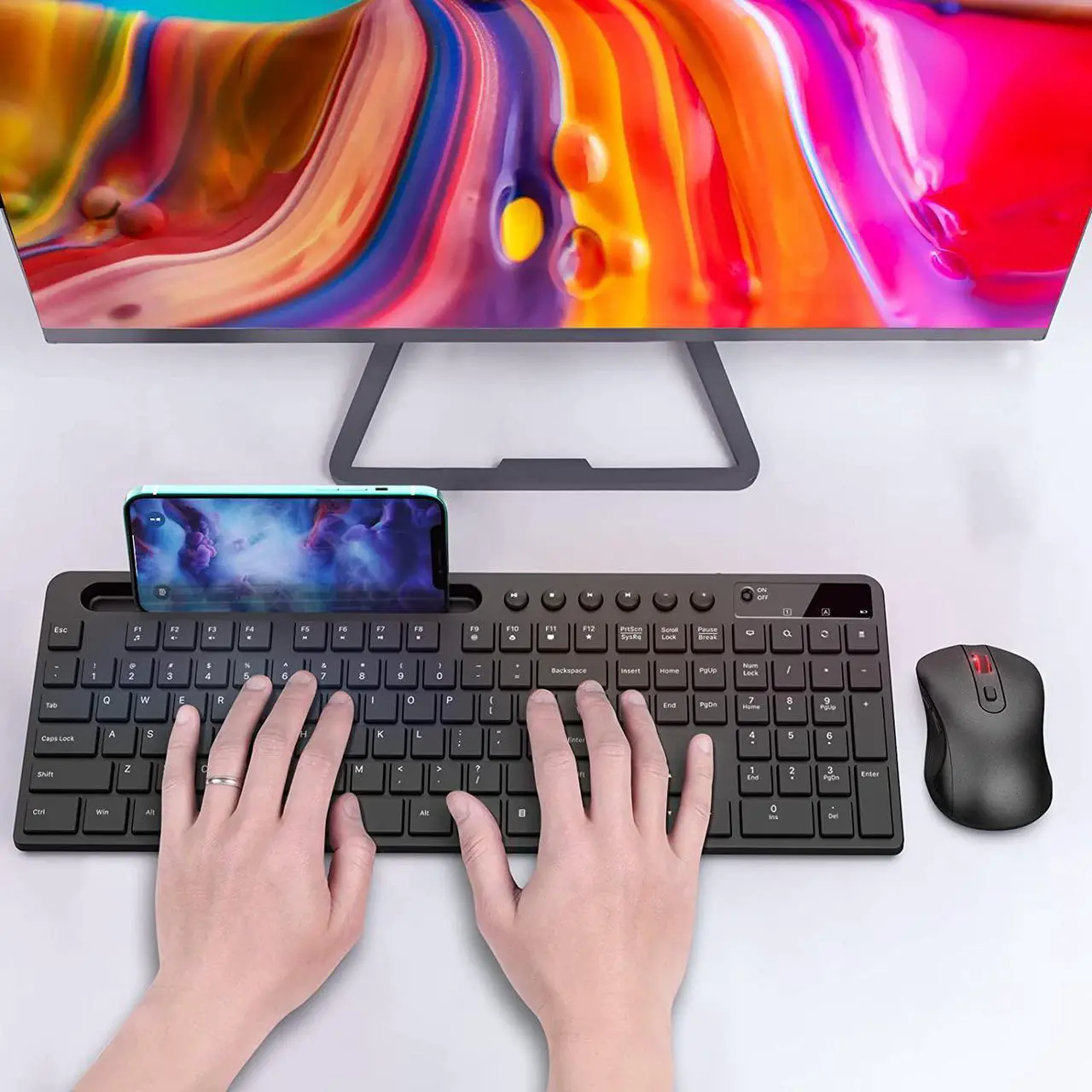 Alt view image 7 of 7 - Wireless Keyboard and Mouse Combo, MARVO 2.4G Ergonomic Wireless Computer Keyboard with Phone Tablet Holder, Silent Mouse with 6 Button, Compatible with MacBook, Windows (Black)