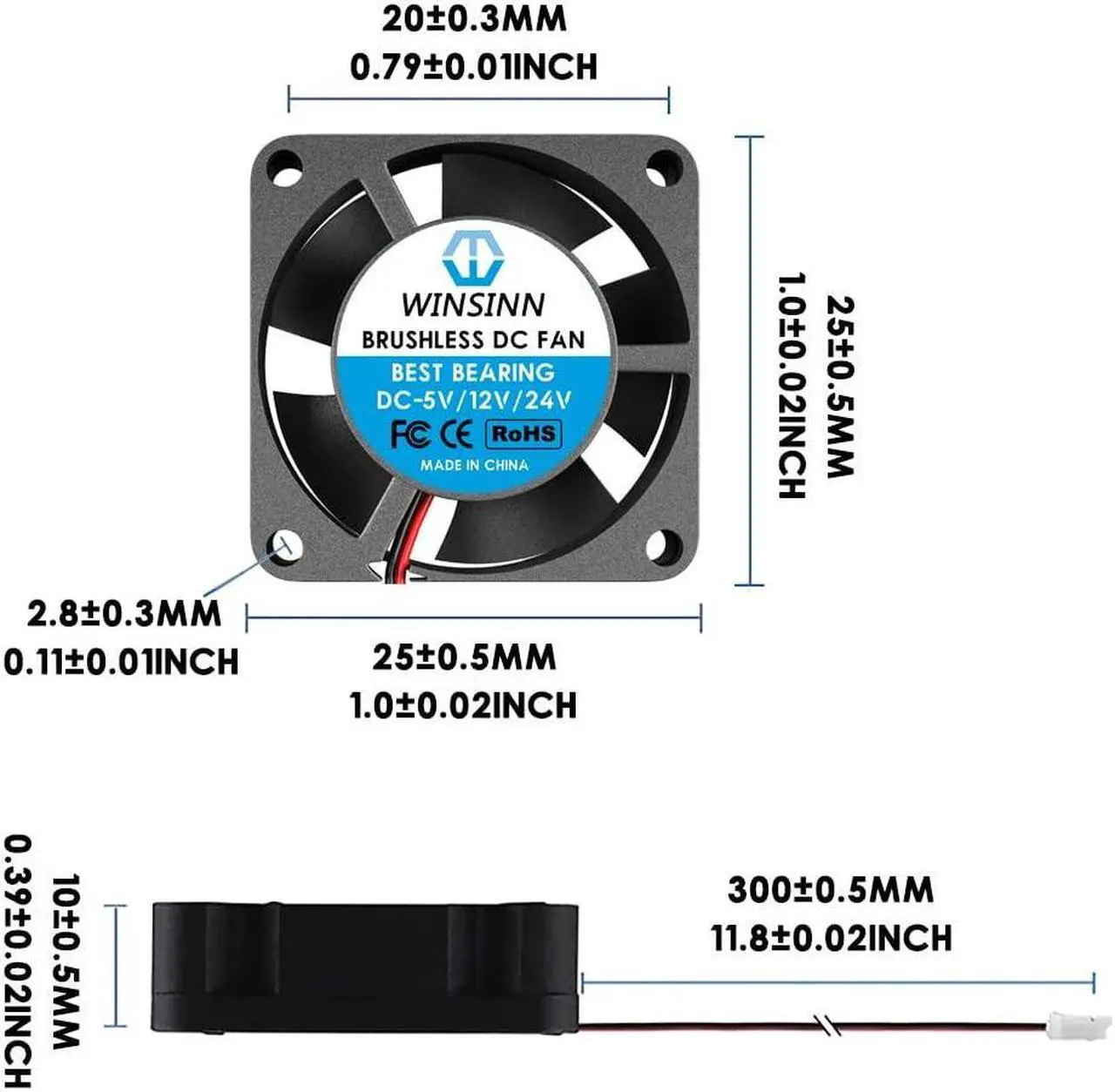 Alt view image 2 of 5 - WINSINN 25mm Fan 12V, 3D Printer Micro 12 Volt Fans 2510 Dual Ball Bearing, Brushless Cooling 25mmx10mm 2PIN (Pack of 2Pcs)