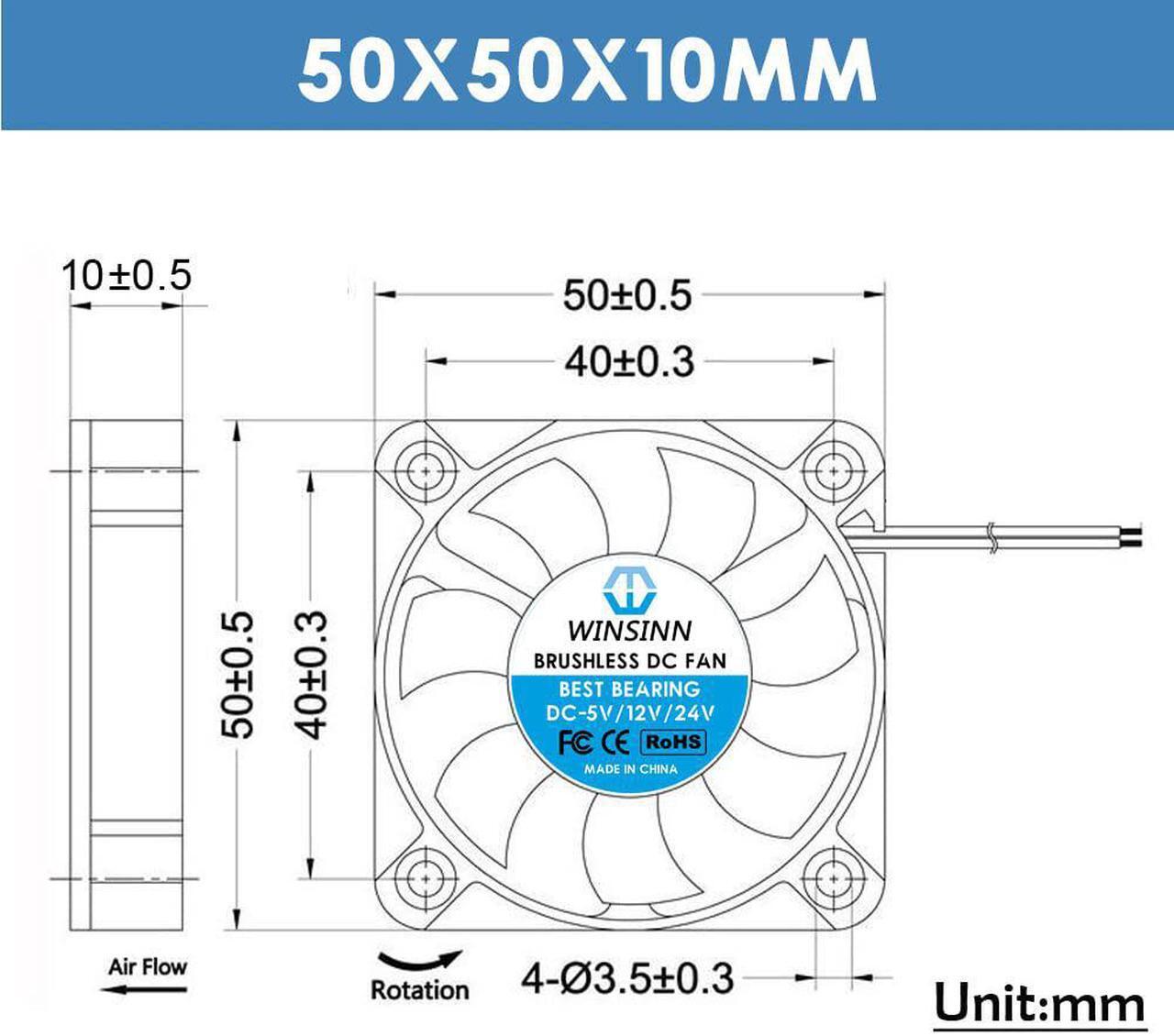 Alt view image 2 of 4 - WINSINN 50mm Fan 5V, 3D Printer Micro 5 Volt Fans 5010 Hydraulic Bearing, Brushless Cooling 50mmx10mm 2PIN (Pack of 5Pcs)