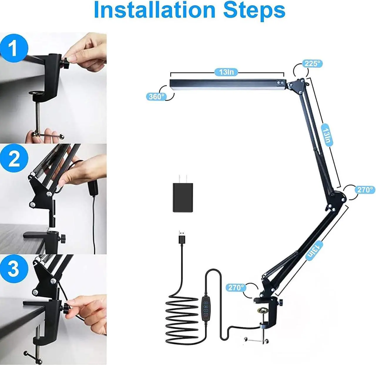 Alt view image 5 of 7 - LED Desk Lamp for Home,Office,Reading,Adjustable Eye-Caring Desk Light with Clamp,Swing Arm Lamp Includes 3 Color Modes,10 Brightness Levels Table Lamps with Memory Function