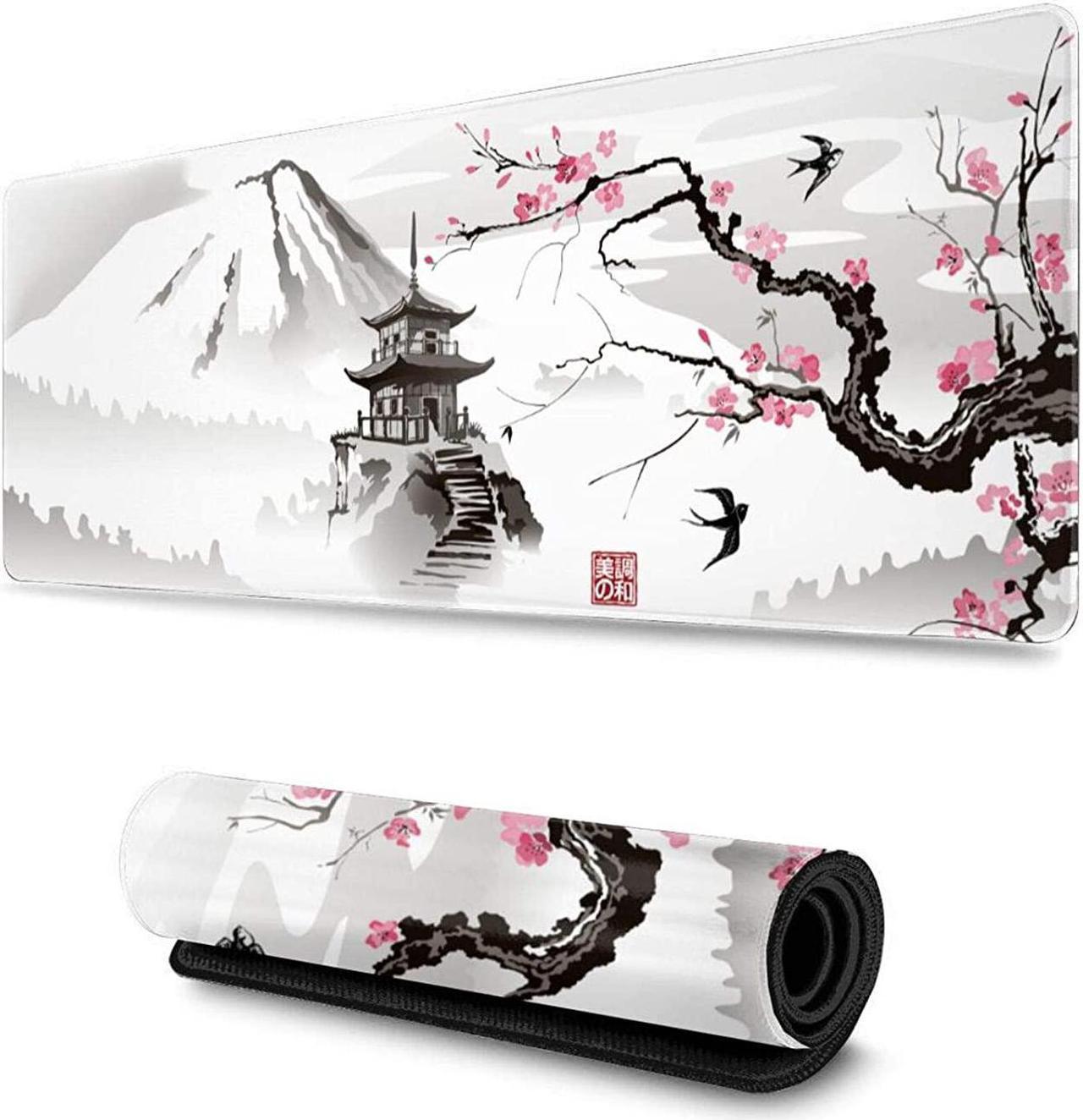 Japanese Cherry Blossom White Gaming Mouse Pad XL Extended Large Mouse Mat Desk Pad Stitched Edges Mousepad Long Nonslip Rubber Base Mice Pad 31.5 X 11.8 Inch