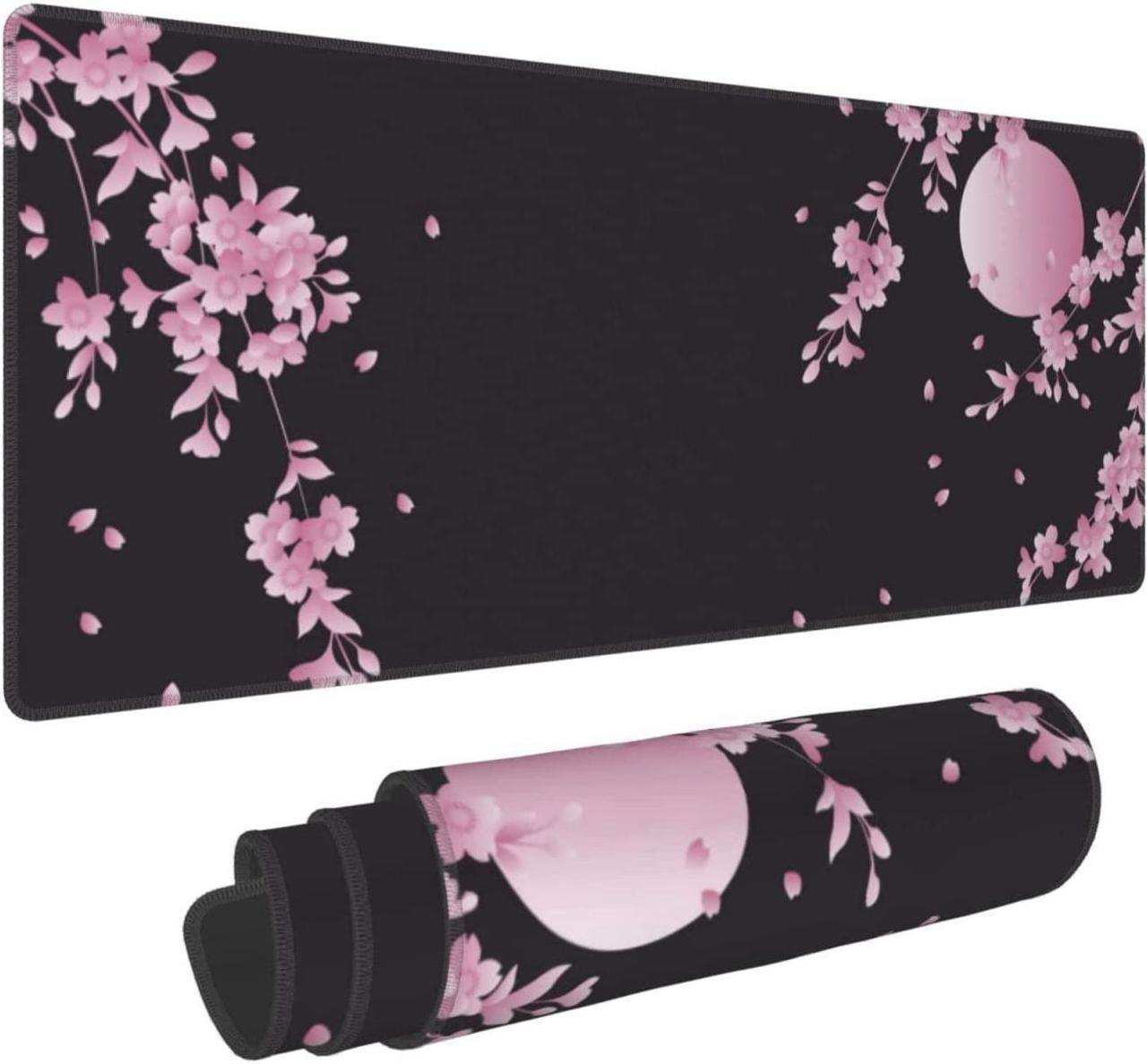 Sakura Cherry Blossom Extended Gaming Mouse Pad Non-Slip Rubber Base Pink Large Mousepad 31.5x11.8in with Stitched Edge Waterproof Flower Keyboard Pads Black Desk Laptop Mats for Work/Game/Office