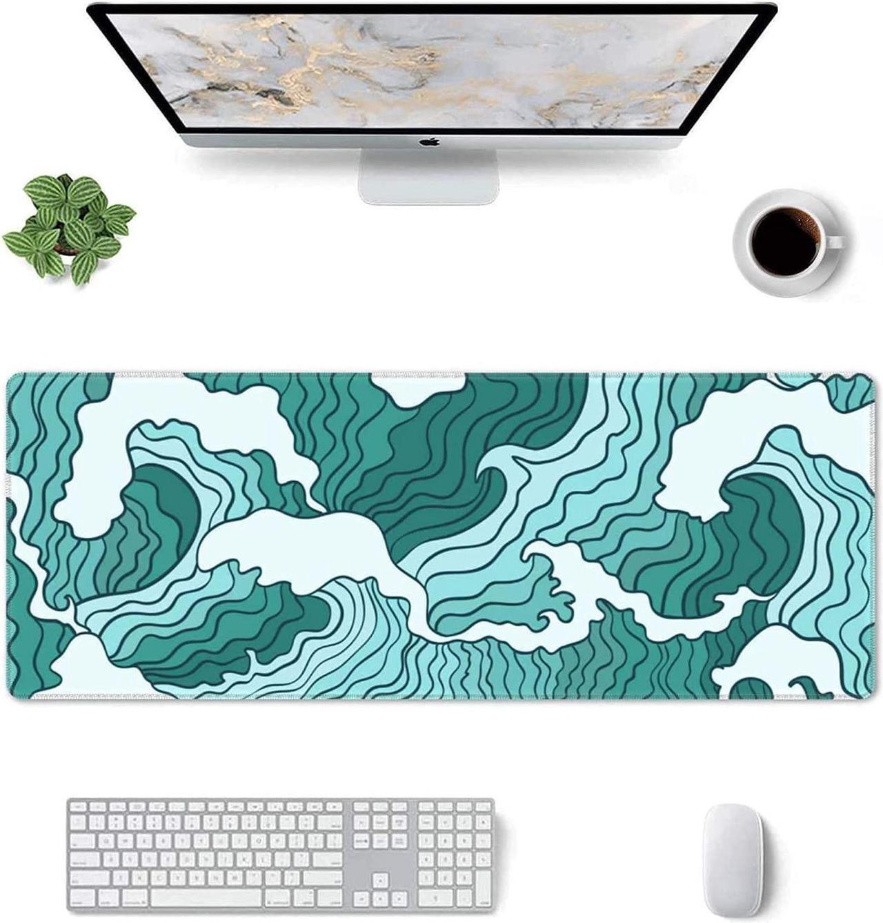 Alt view image 2 of 14 - Japanese Green and White Wave Gaming Mouse Pad XL Non Slip Rubber Base Mousepad Stitched Edges Desk Pad Extended Large Mice Pad 31.5 X 11.8 Inch