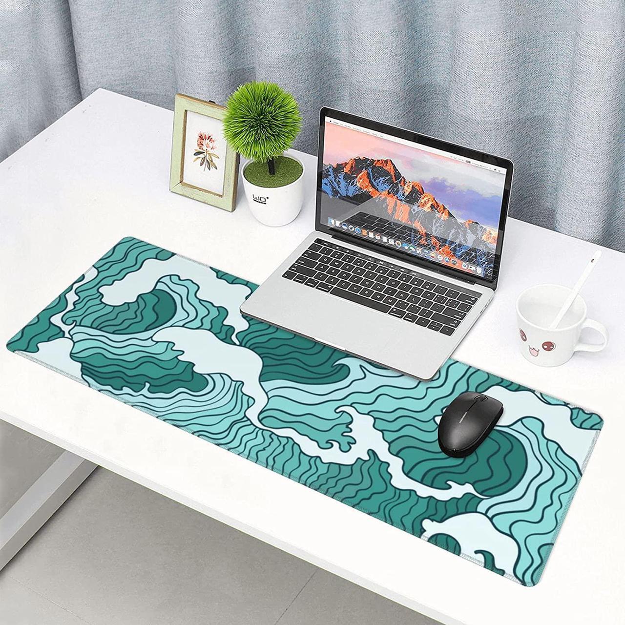 Alt view image 7 of 14 - Japanese Green and White Wave Gaming Mouse Pad XL Non Slip Rubber Base Mousepad Stitched Edges Desk Pad Extended Large Mice Pad 31.5 X 11.8 Inch