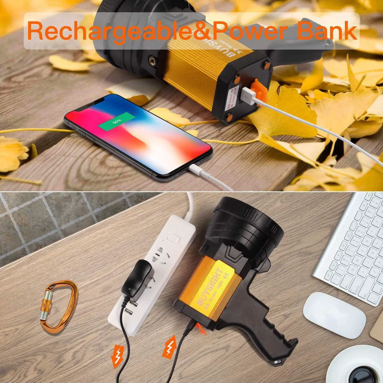 Alt view image 3 of 7 - BUYSIGHT Rechargeable Spotlight,Spot Lights Hand held 1000,000 lumens Large Flashlight Handheld Spotlight Lightweight and Super Bright Flashlight (Aluminium_Alloy Golden)