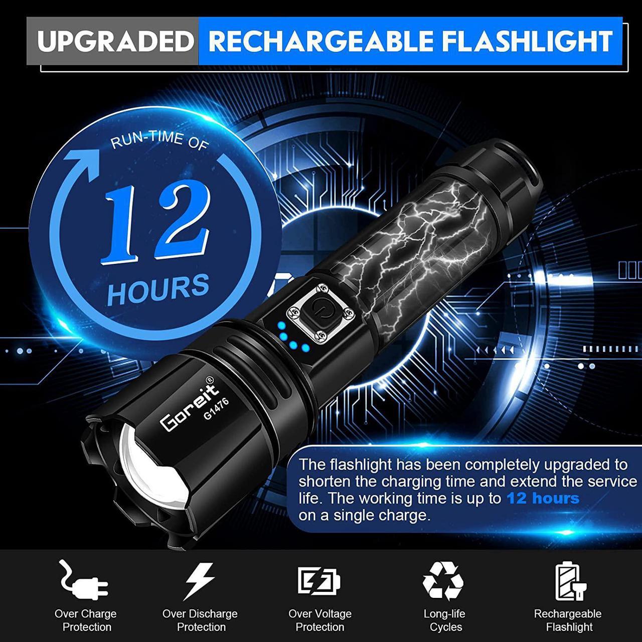 Alt view image 3 of 7 - Goreit Flashlight High Lumens Rechargeable, 950000 Lumen Led Flashlights XHP70.2 USB Super Bright Flash Light Battery Powered, Powerful Handheld Flashlights for Emergencies Camping, IP67 Waterproof