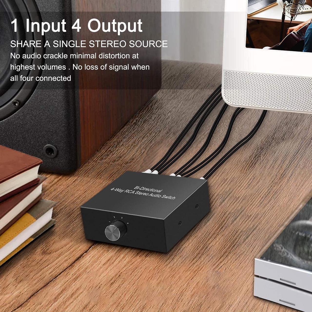 Alt view image 7 of 7 - 4-Way Stereo L/R Sound Channel Bi-Directional Audio Switcher, 1 in 4 Out or 4 in 1 Out, L/R Sound Channel Audio Switch Splitter RCA Stereo Switch Selector for DVD Stereo Speaker CD Player