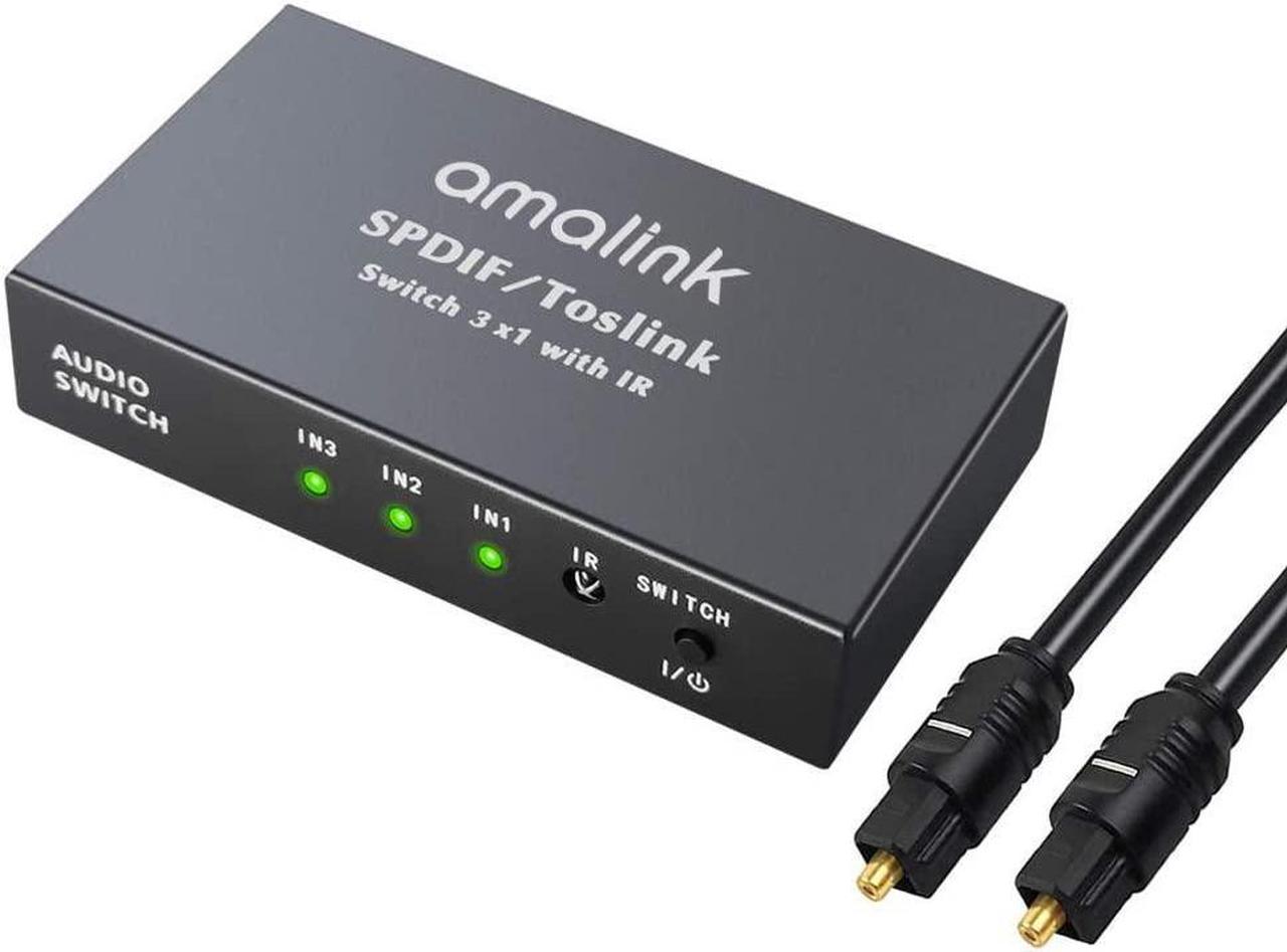 Amalink 3 Port Optical Switcher Splitter 3 in 1 Out, with 1 Way Spdif Toslink Optical Splitter/IR Remote Control Optical Switcher Splitter, 3 Port Spdif Toslink Optical Switch