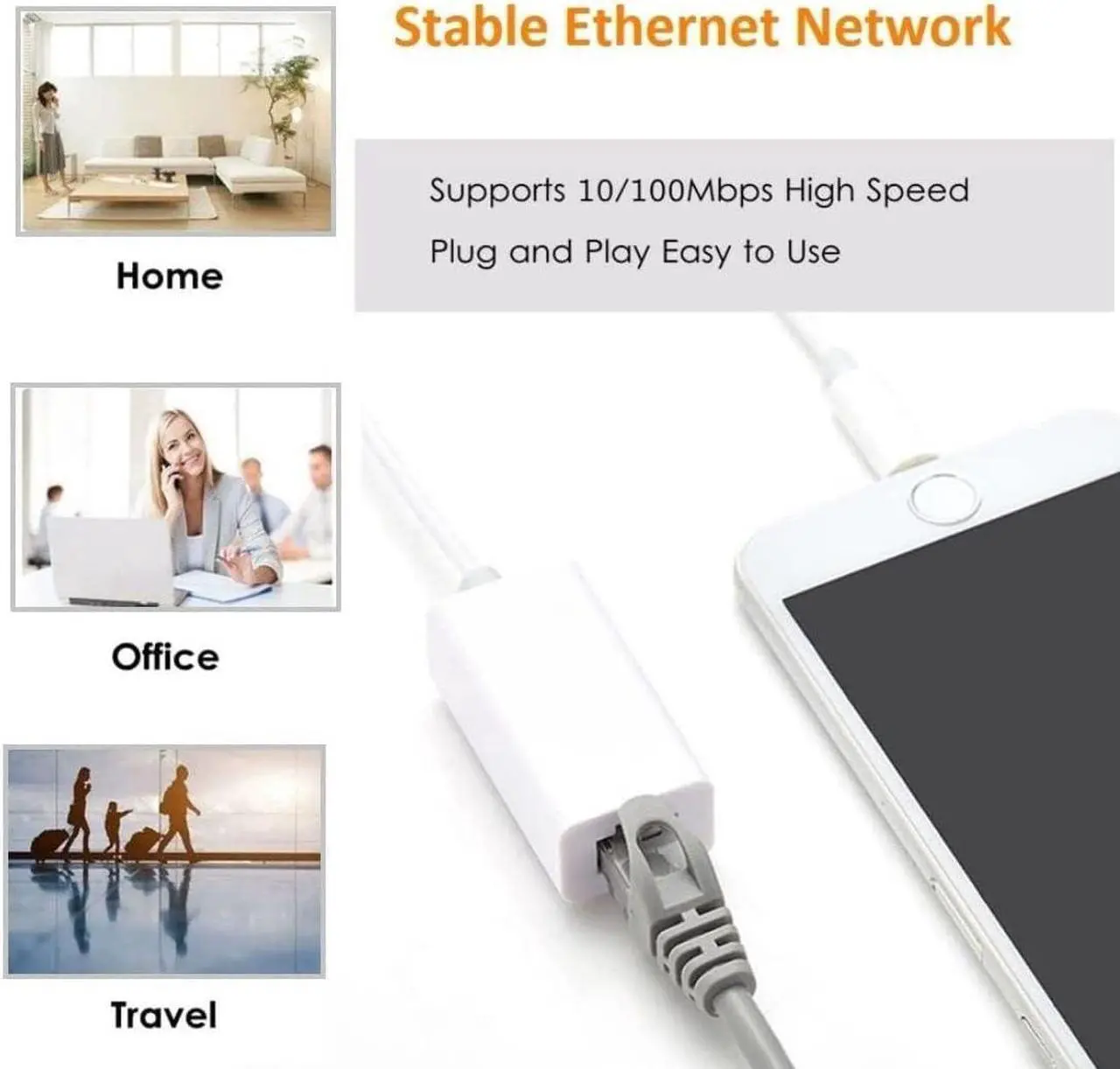 Alt view image 3 of 7 - [Apple MFi Certified] Lightning to Ethernet Adapter,RJ45 Ethernet LAN Network Adapter Cable with 8 Pin Connector Compatible with iPhone 13/12/11/XS/XR/X/8/7/iPad/iPod, Plug and Play, Supports 100Mbps