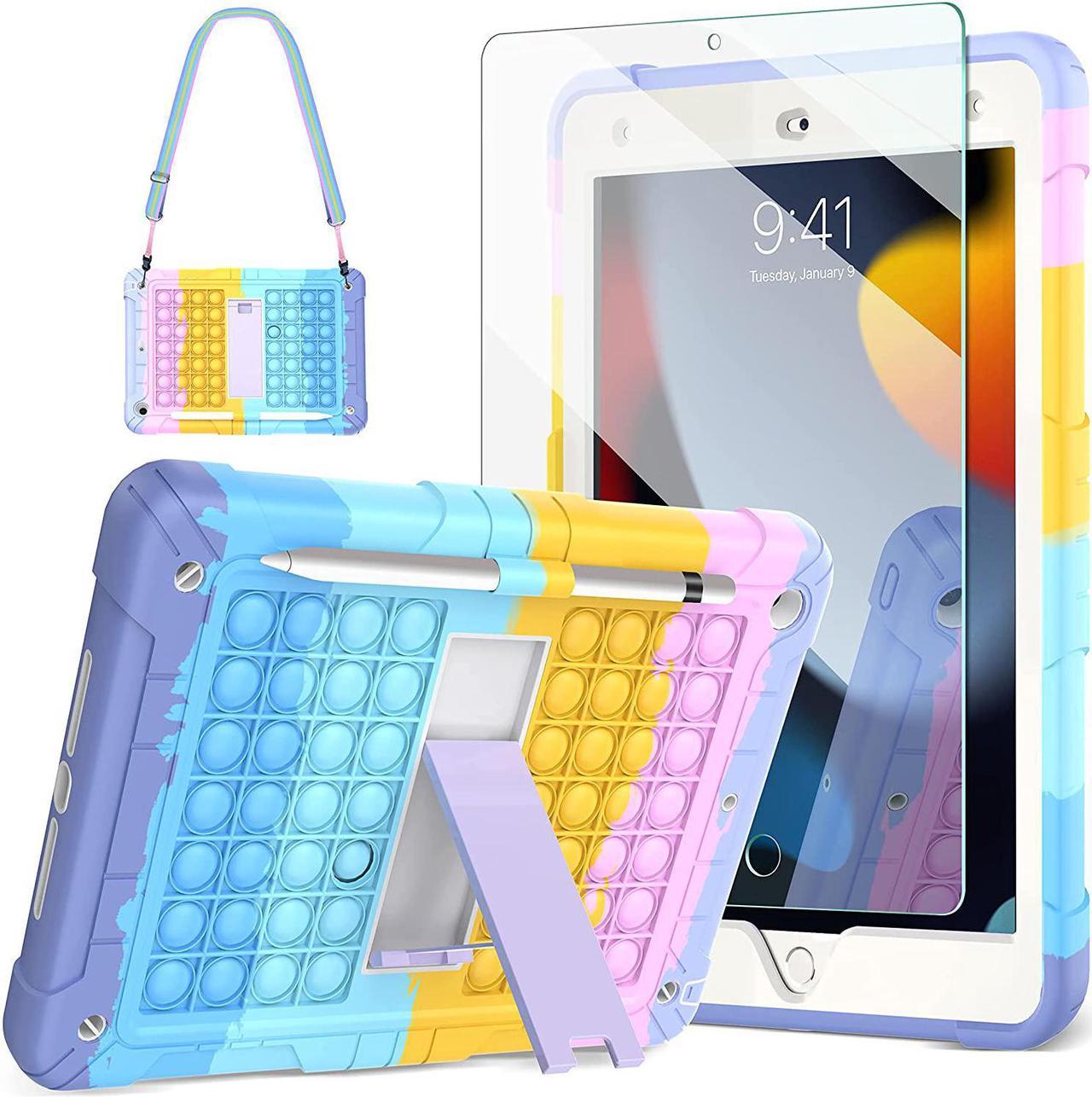 iPad 9th/8th/7th Generation Case 10.2 with 9H Tempered Glass Screen Protector Pencil Holder Kickstand&Shoulder Strap for Kids| Push Popit Fidget Case for iPad 10.2 inch 2021/2020/2019-Rainbow