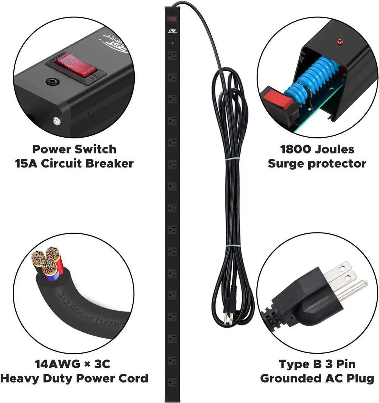 Alt view image 4 of 7 - CRST Heavy Duty Surge Protector Power Strip Wide Spaced 16-Outlet 15 Feet Long Extension Cord Power with Circuit Breaker 1800 Joule for Home, Office, Commercial