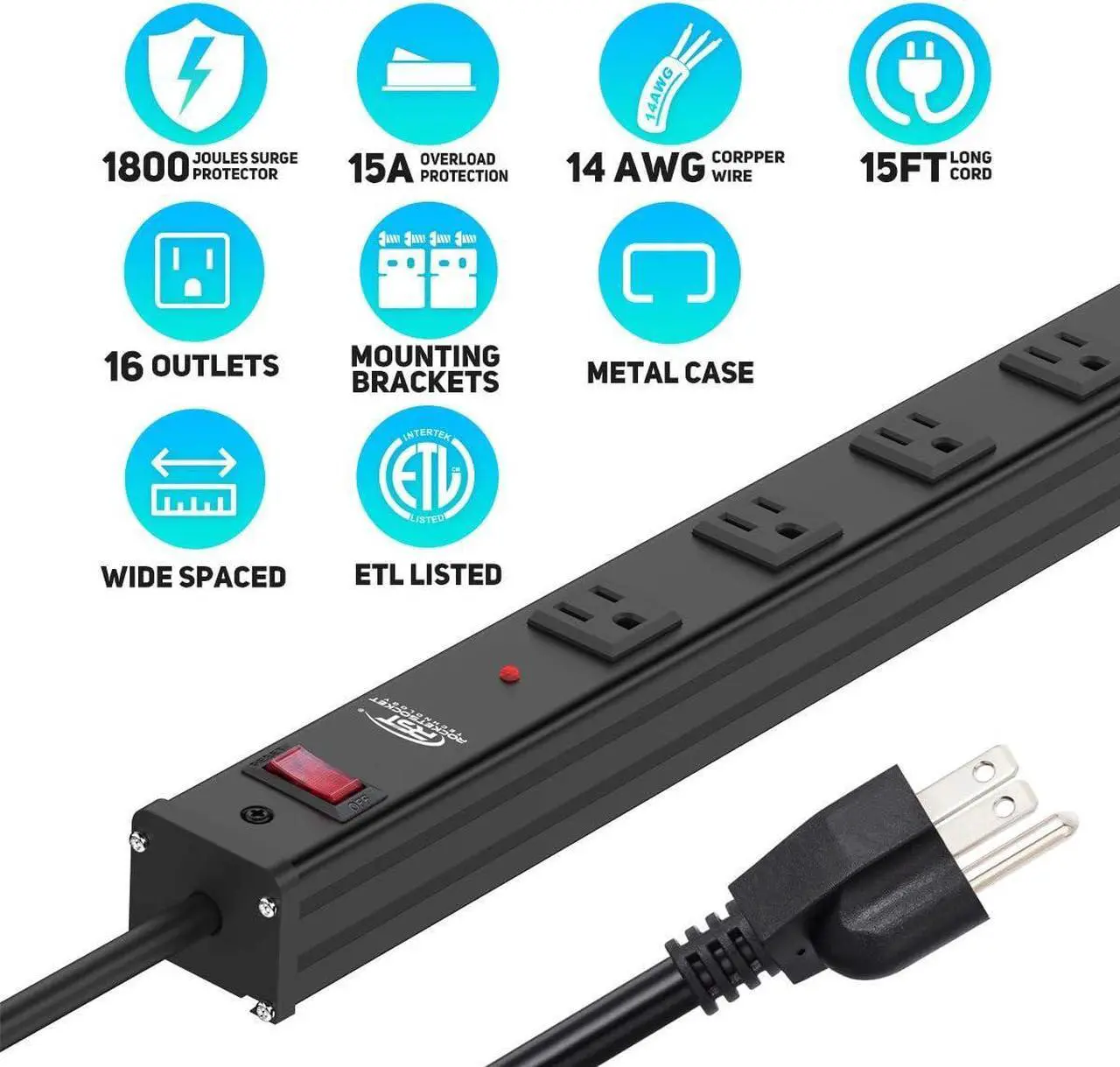 Alt view image 2 of 7 - CRST Heavy Duty Surge Protector Power Strip Wide Spaced 16-Outlet 15 Feet Long Extension Cord Power with Circuit Breaker 1800 Joule for Home, Office, Commercial