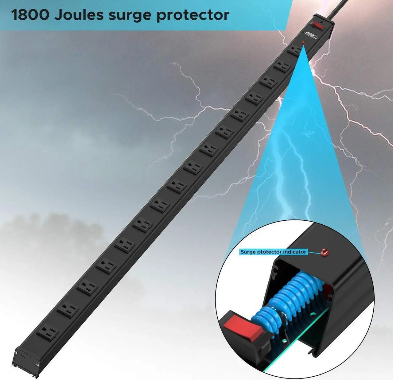 Alt view image 3 of 7 - CRST Heavy Duty Surge Protector Power Strip Wide Spaced 16-Outlet 15 Feet Long Extension Cord Power with Circuit Breaker 1800 Joule for Home, Office, Commercial