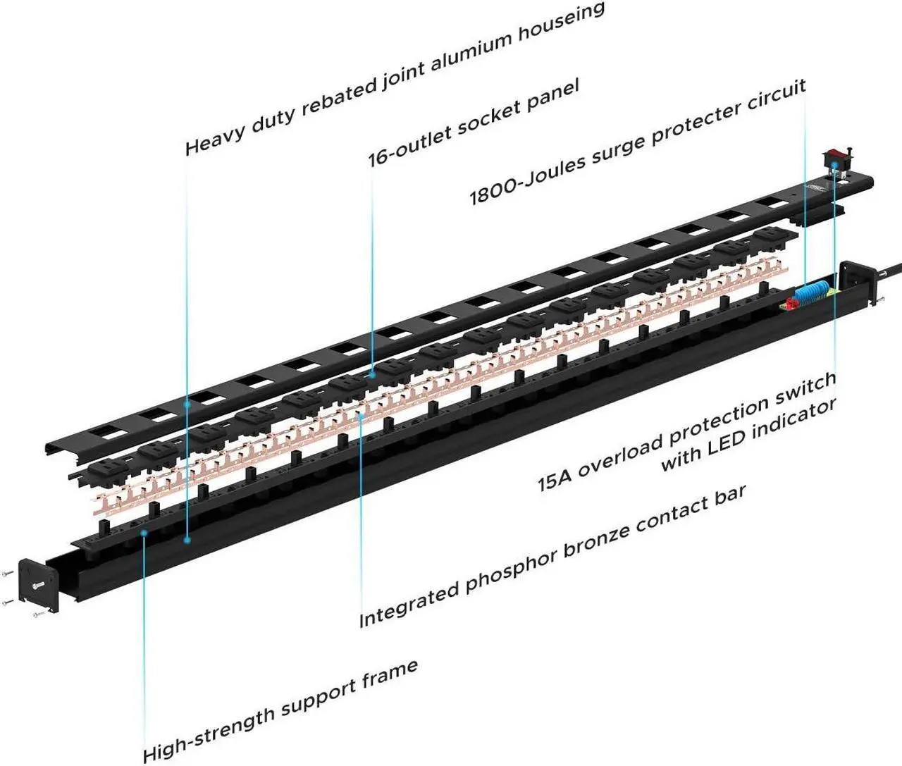 Alt view image 5 of 7 - CRST Heavy Duty Surge Protector Power Strip Wide Spaced 16-Outlet 15 Feet Long Extension Cord Power with Circuit Breaker 1800 Joule for Home, Office, Commercial