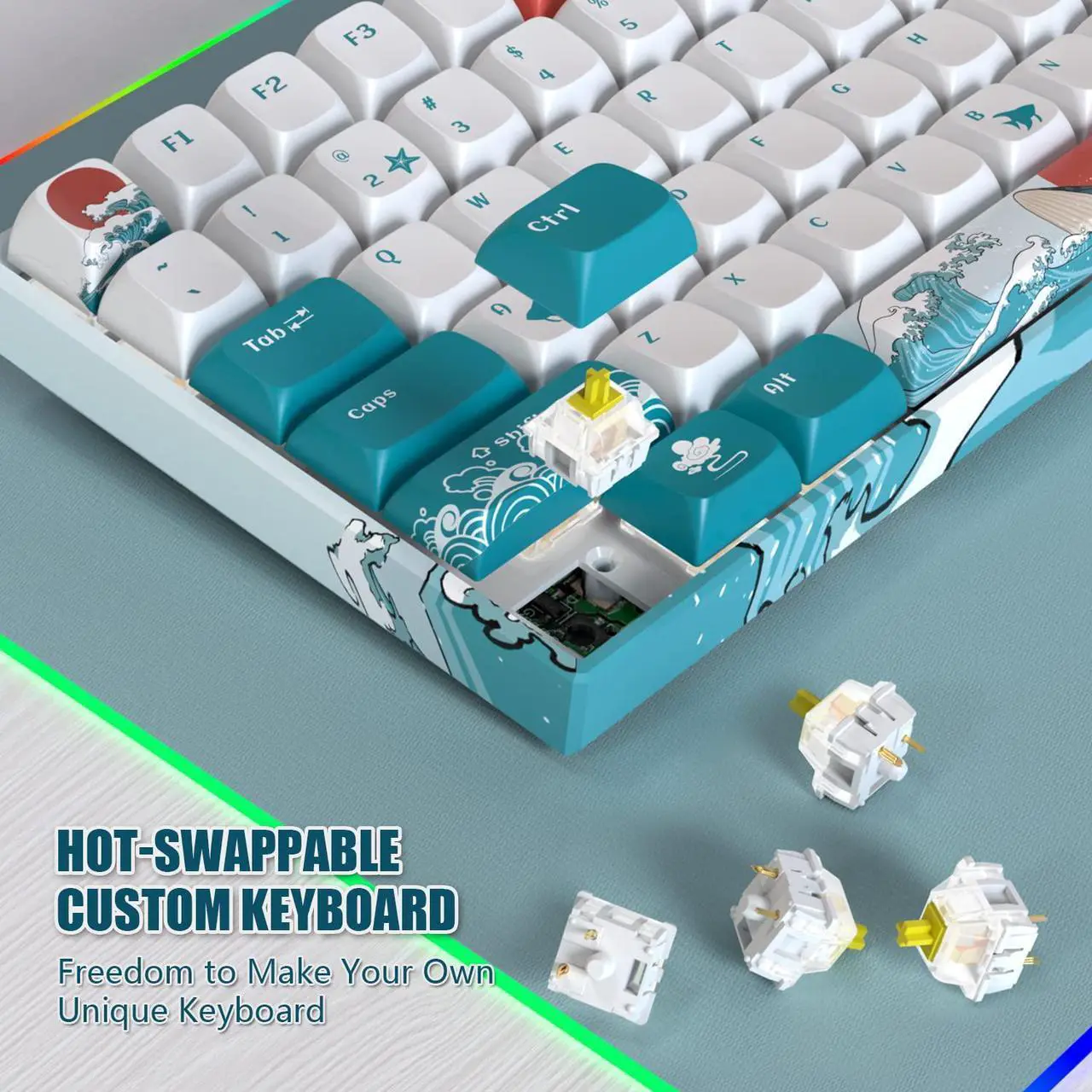 Alt view image 4 of 5 - COSTOM XVX M84 75% Wireless/Wired Mechanical Keyboard, Compact 84 Keys Hot Swappable Gaming Keyboard, N-Key Rollover RGB Custom Keyboard for Windows Mac PC Gamer (Coral Sea, Gateron Yellow Switch)