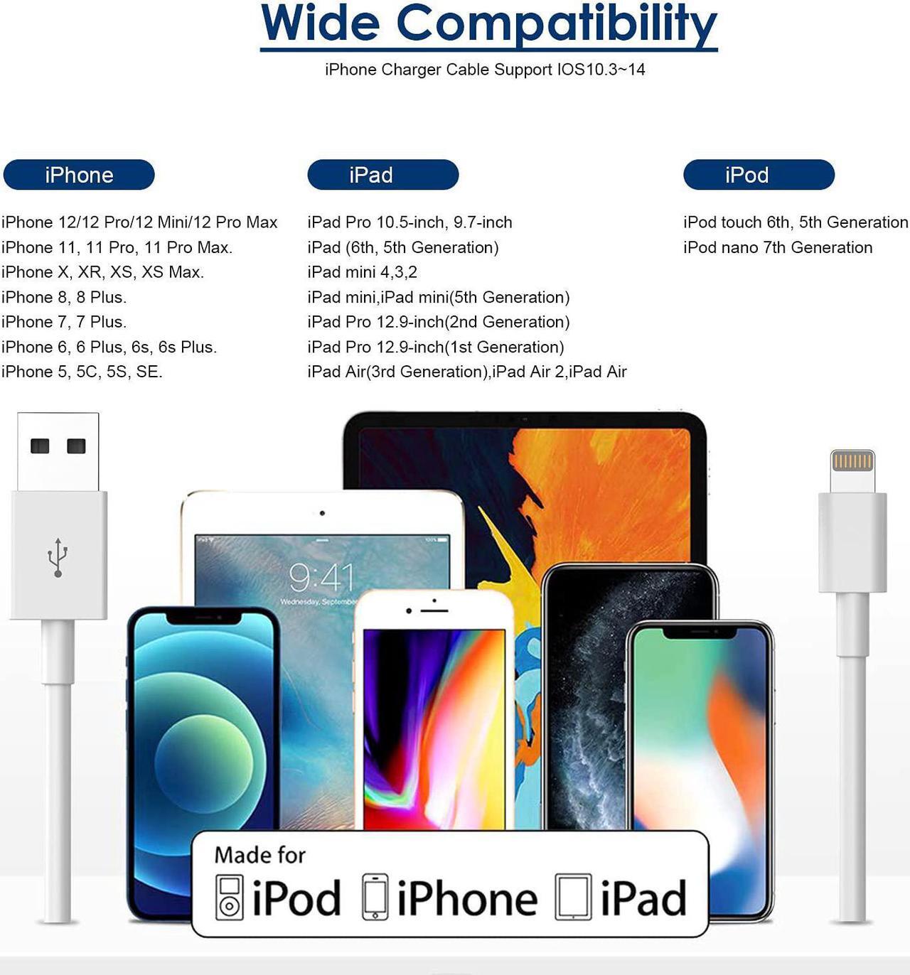 Alt view image 7 of 7 - iPhone Charger 10ft [MFi Certified] Long Lightning Cable Data Sync Charging Cords with USB Wall Charger Travel Plug Adapter for iPhone 13 12 11 Pro Max/SE 2020/X/XR/8/7/6/iPad and More(2Pack)