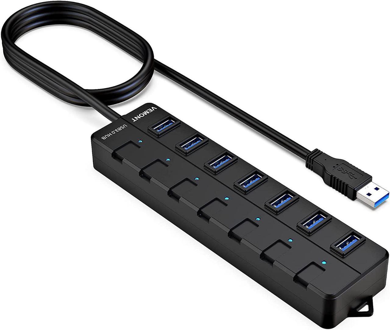 USB hub,7 Port USB 3.0 Hub, 3.0 USB Splitter with Individual On/Off Switches and Lights, 4ft/1.2m Long Cable USB Extension for Laptop and PC Computer