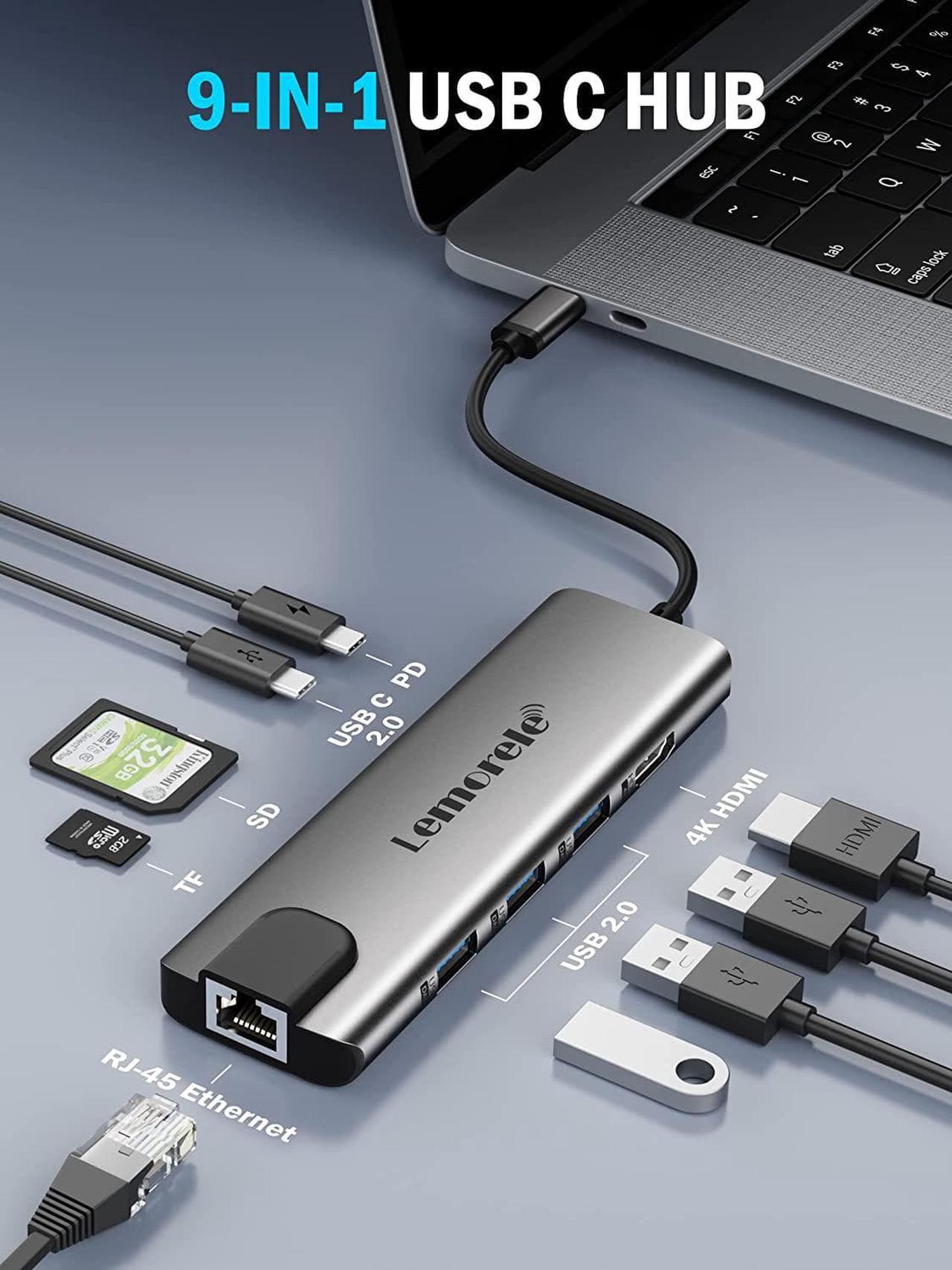 Alt view image 2 of 7 - USB C Hub, Lemorele 9 in 1 USB C Hub Multiport Adapter w/Gigabit Ethernet, 100W PD, HDMI 4K, USB 0.0, USB C Data Port, SD/TF Card Reader, Dongle Docking Station for MacBook Pro Steam Deck Laptops
