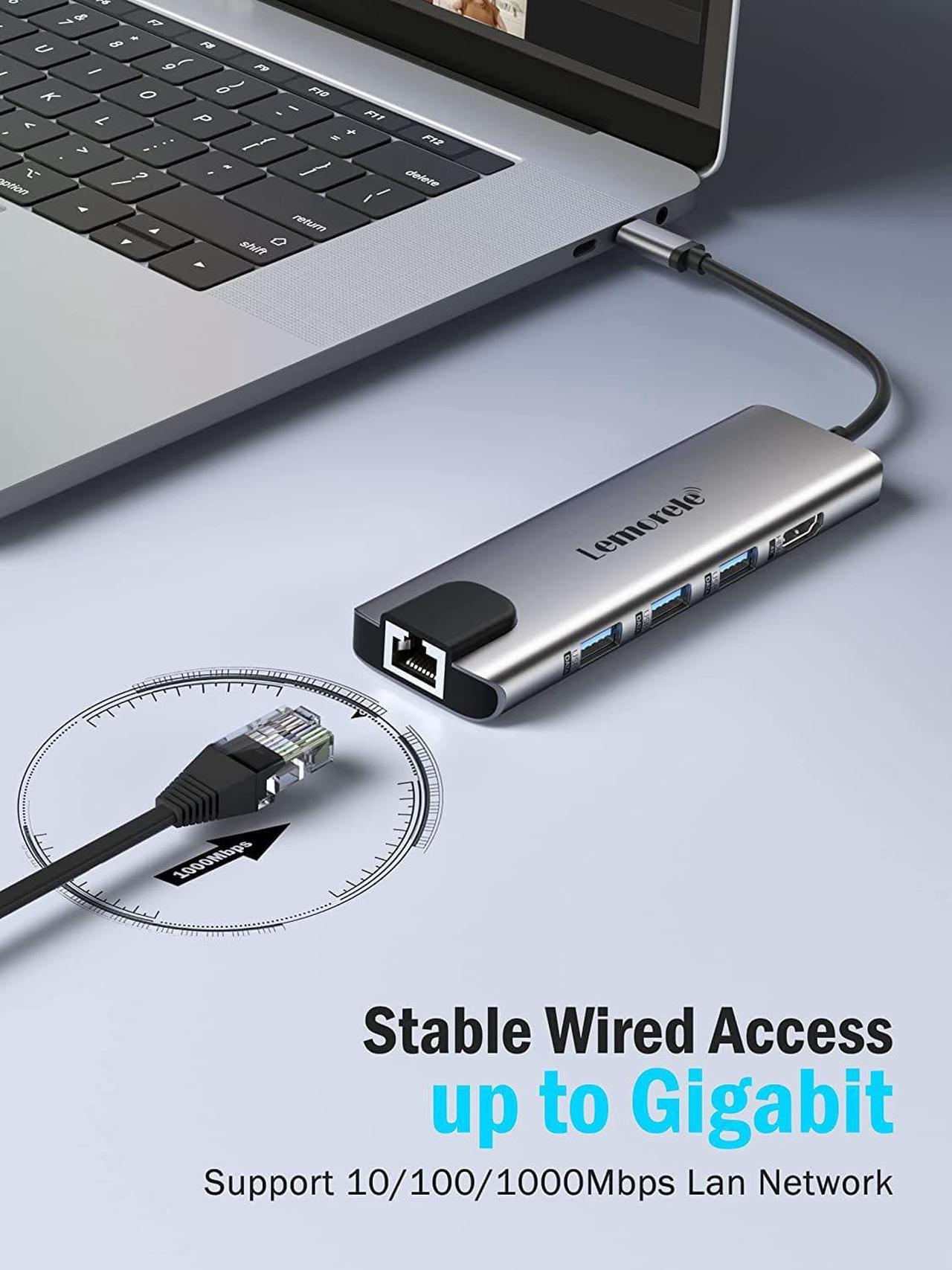 Alt view image 3 of 7 - USB C Hub, Lemorele 9 in 1 USB C Hub Multiport Adapter w/Gigabit Ethernet, 100W PD, HDMI 4K, USB 0.0, USB C Data Port, SD/TF Card Reader, Dongle Docking Station for MacBook Pro Steam Deck Laptops