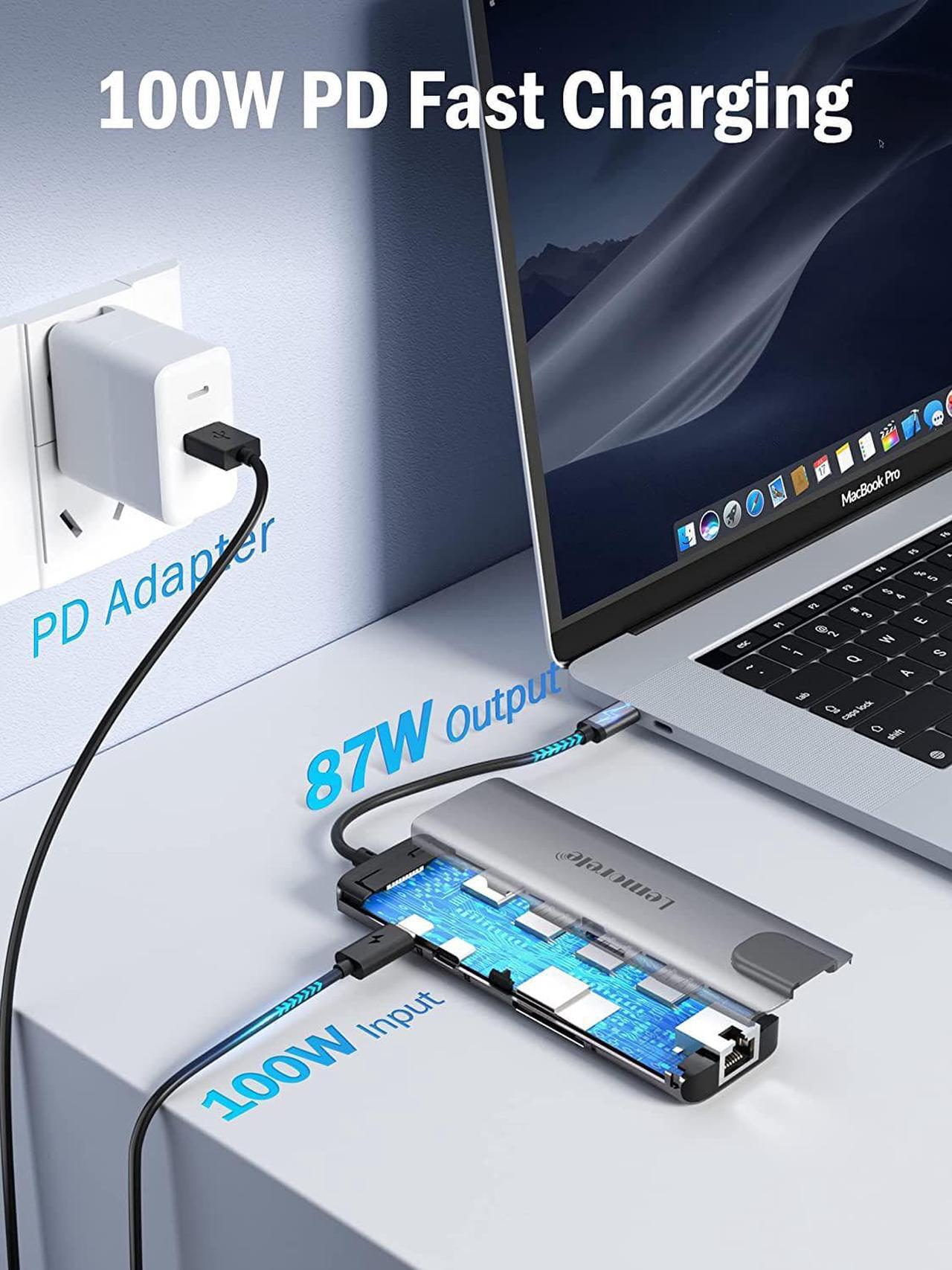 Alt view image 5 of 7 - USB C Hub, Lemorele 9 in 1 USB C Hub Multiport Adapter w/Gigabit Ethernet, 100W PD, HDMI 4K, USB 0.0, USB C Data Port, SD/TF Card Reader, Dongle Docking Station for MacBook Pro Steam Deck Laptops
