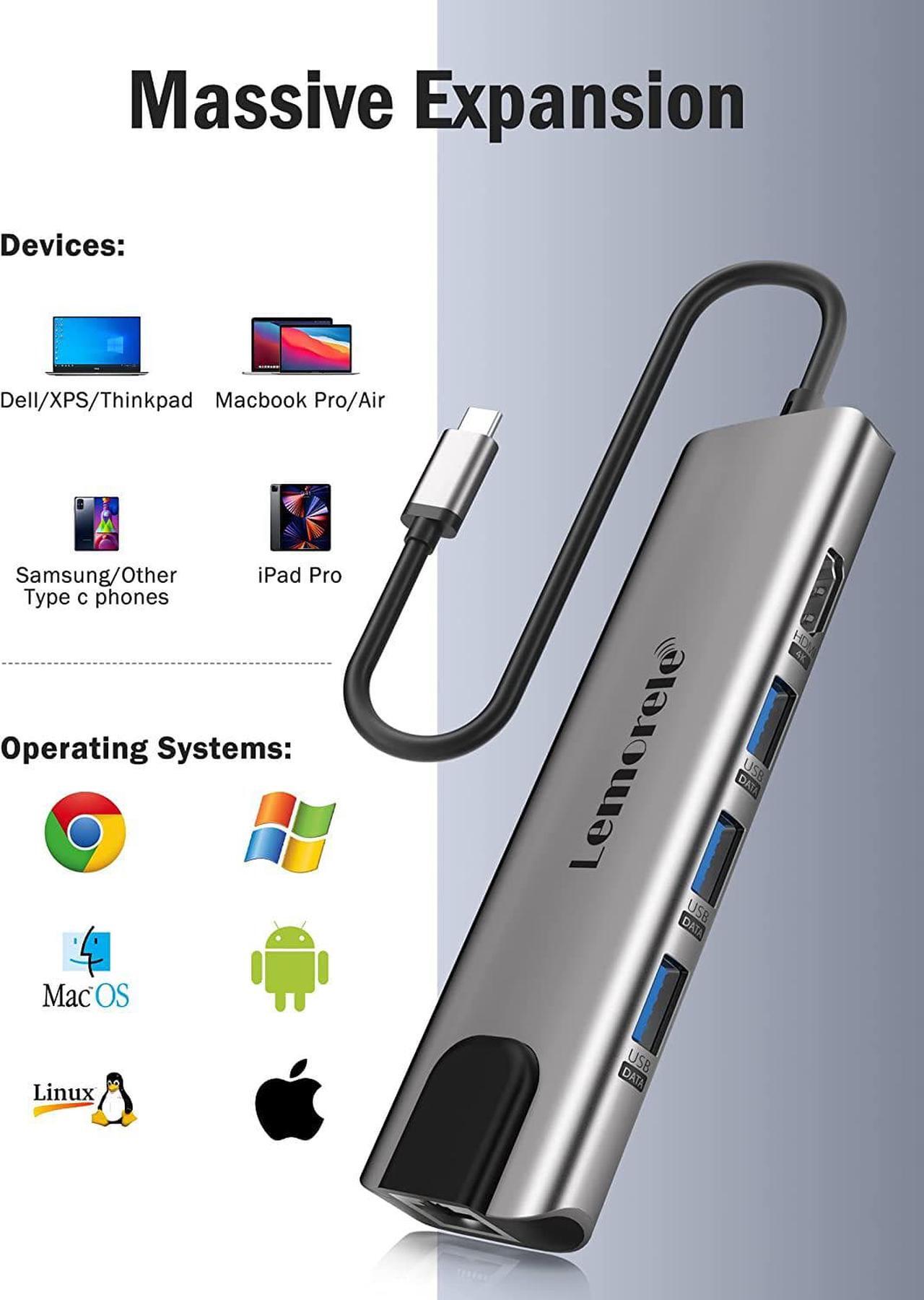 Alt view image 7 of 7 - USB C Hub, Lemorele 9 in 1 USB C Hub Multiport Adapter w/Gigabit Ethernet, 100W PD, HDMI 4K, USB 0.0, USB C Data Port, SD/TF Card Reader, Dongle Docking Station for MacBook Pro Steam Deck Laptops