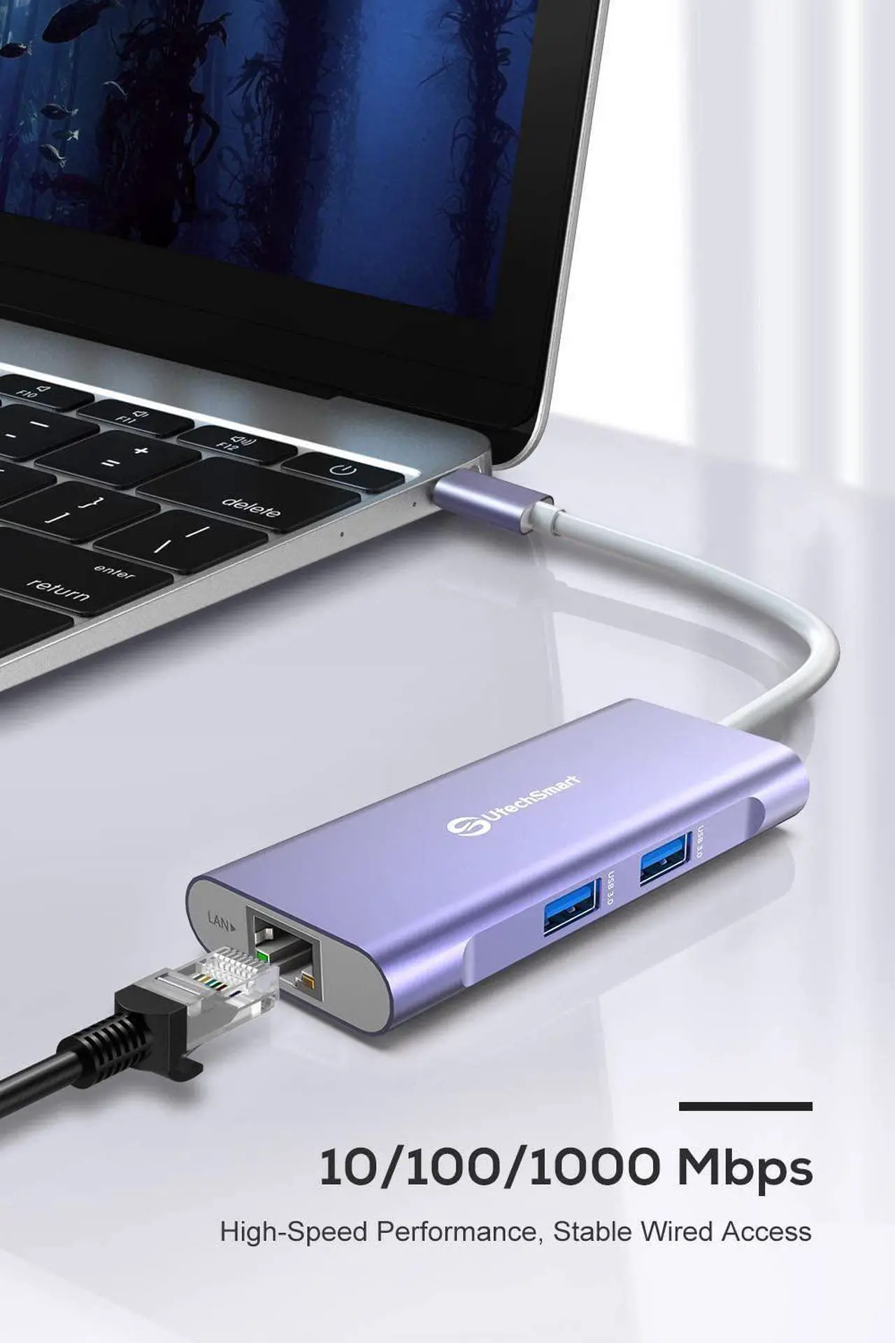 Alt view image 3 of 6 - USB C Hub,UtechSmart 6 In 1 USB C to HDMI Adapter with 1000M Ethernet, Power Delivery Pd Type C Charging Port, 3 USB 3.0 Ports Adapter Compatible for MacBook Pro, Chromebook,and USB C devices (Purple)