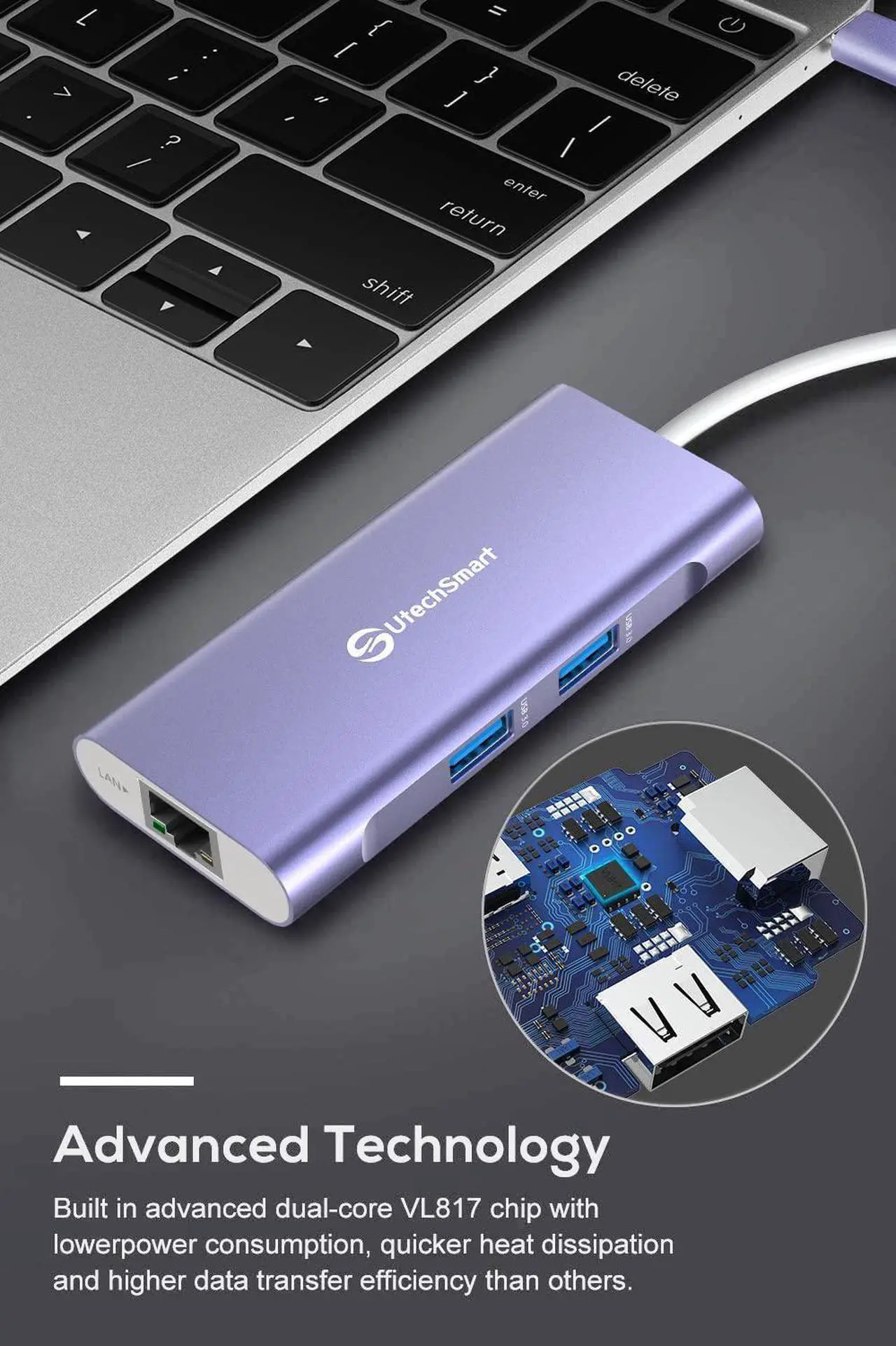 Alt view image 6 of 6 - USB C Hub,UtechSmart 6 In 1 USB C to HDMI Adapter with 1000M Ethernet, Power Delivery Pd Type C Charging Port, 3 USB 3.0 Ports Adapter Compatible for MacBook Pro, Chromebook,and USB C devices (Purple)