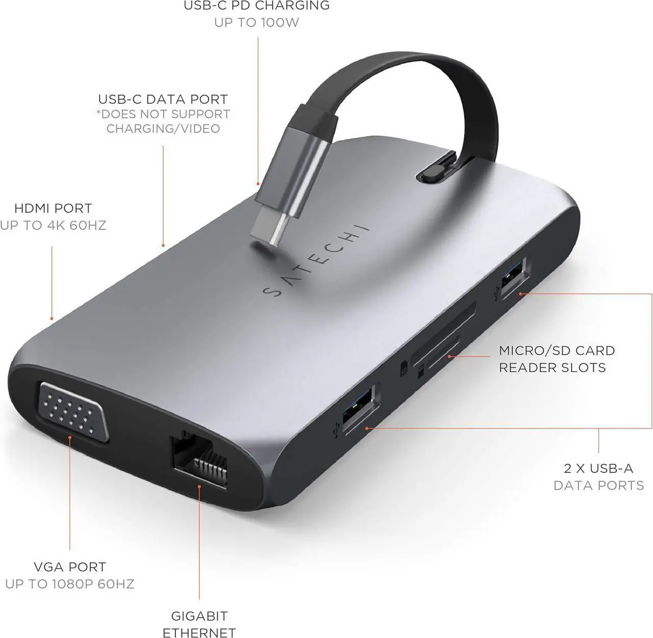 Alt view image 2 of 6 - Satechi USB C Hub Multiport Adapter, USB C Docking Station 9 in 1, 4K HDMI, 100W USB C PD Charging, USB C Data, 2 USB-A, GbE, Micro/SD Card Readers, VGA, for MacBook, Windows - Space Gray