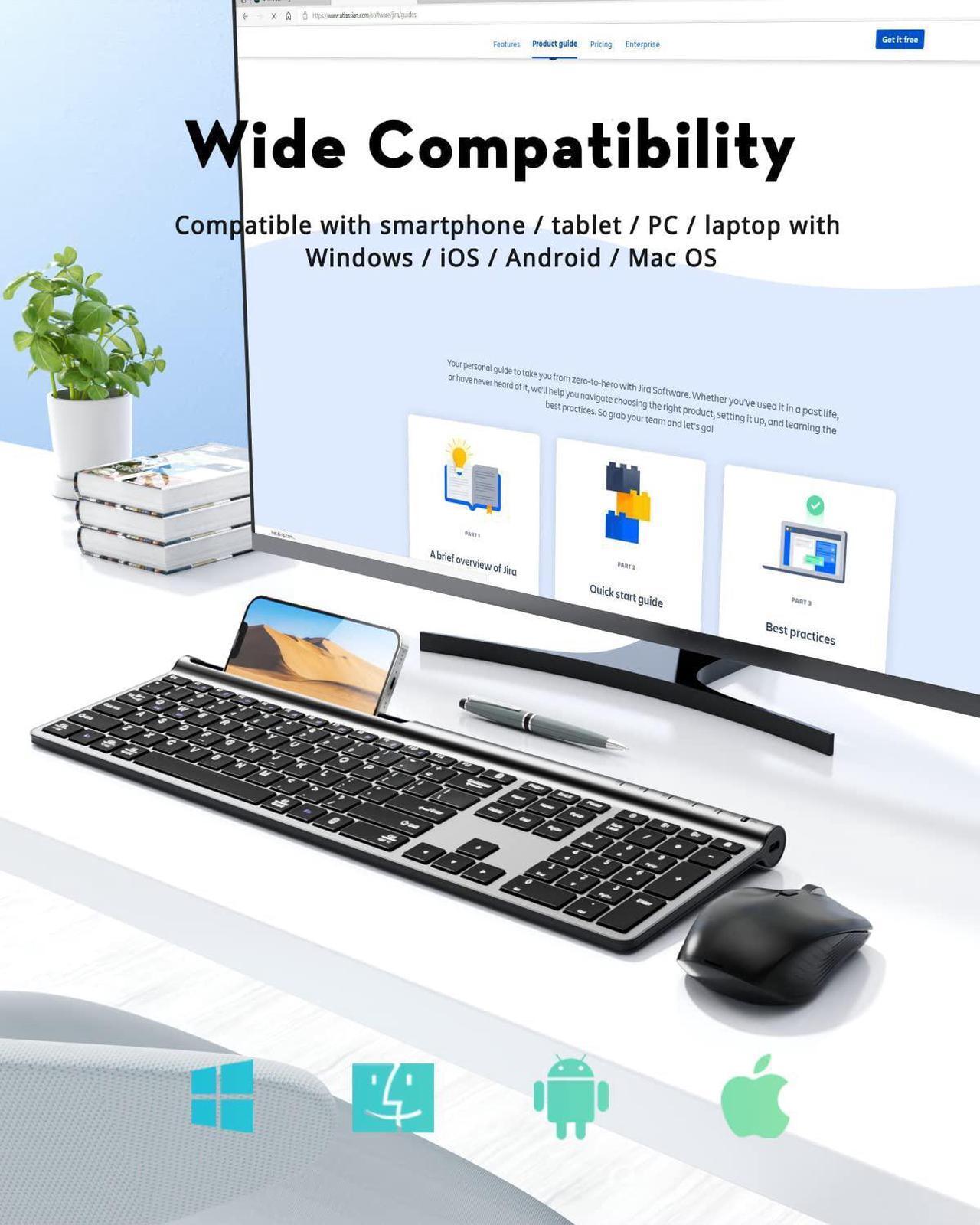Alt view image 6 of 7 - Wireless Keyboard and Mouse Combo - Samsers Ultra Slim Rechargeable Dual-Mode (Bluetooth 5.0x2 +2.4G) Silent Keyboard and Mouse Set, Multi-Device Full-Size Compact Design for MacOS/iOS/Android/Windows